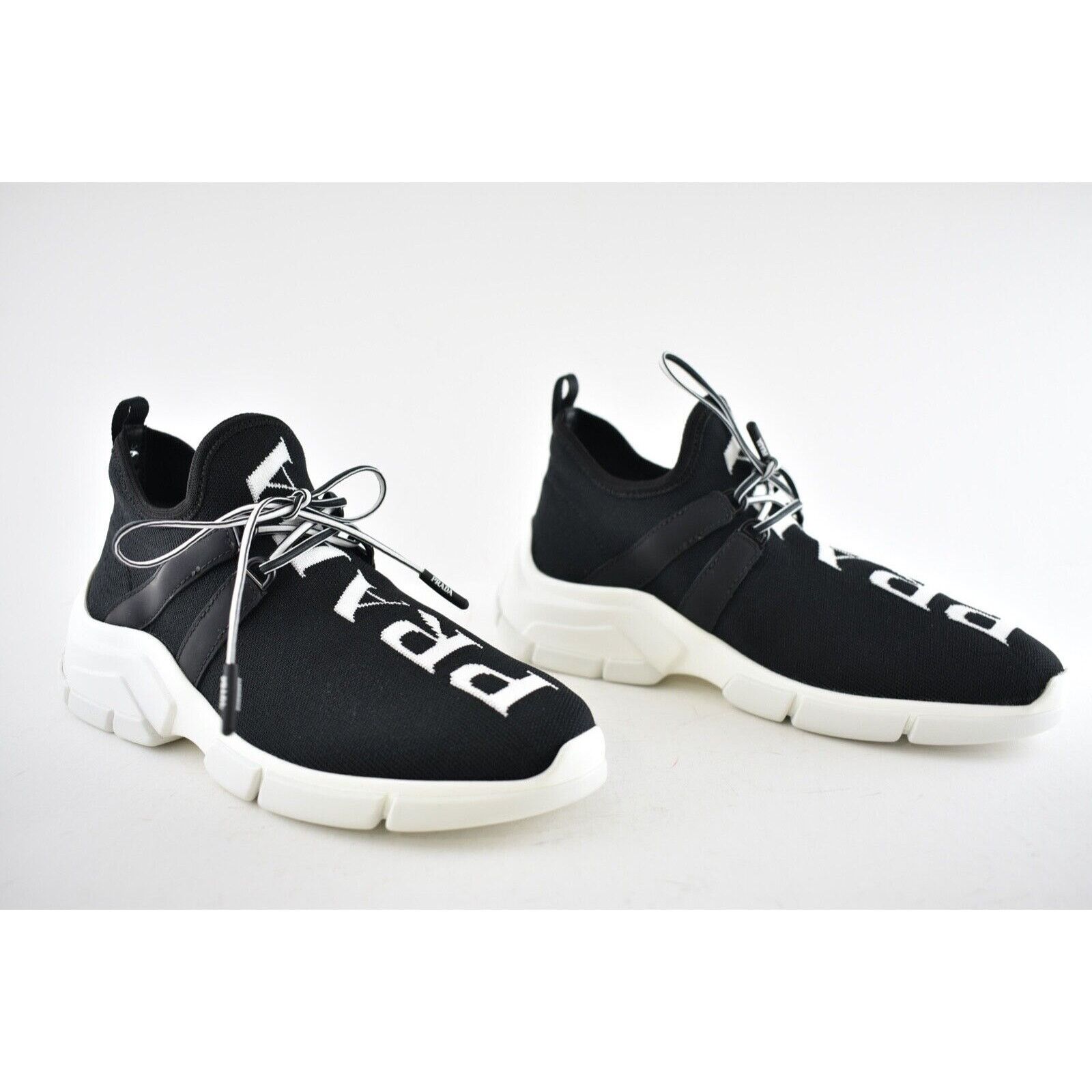 Prada Prada Logo Sock Black White Knit Flat Tie Pull On Sneaker 35 Size US 5 / IT 35 - 2 Thumbnail