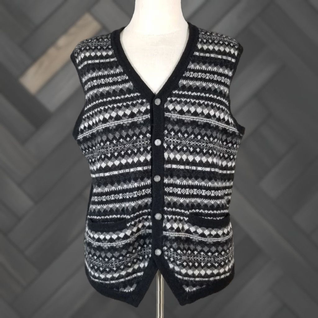 VINTAGE Jos. A. Bank Sweater Vest Men's Large Black Wool Blend Fair Isle Luxury Casual Workwear Hipster Preppy