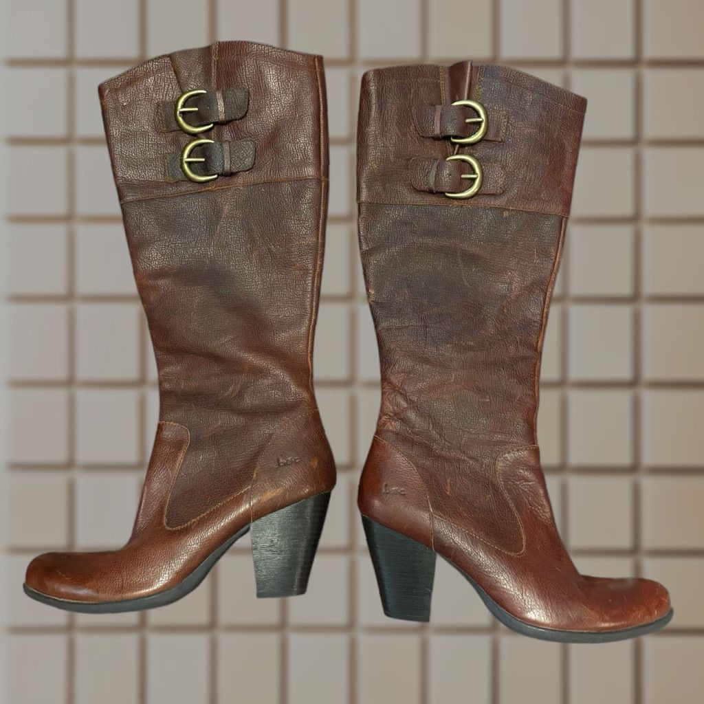Boc Born Tall Brown Women 8.5 Leather Block Heel Shoes Boots Buckle Distressed Riding