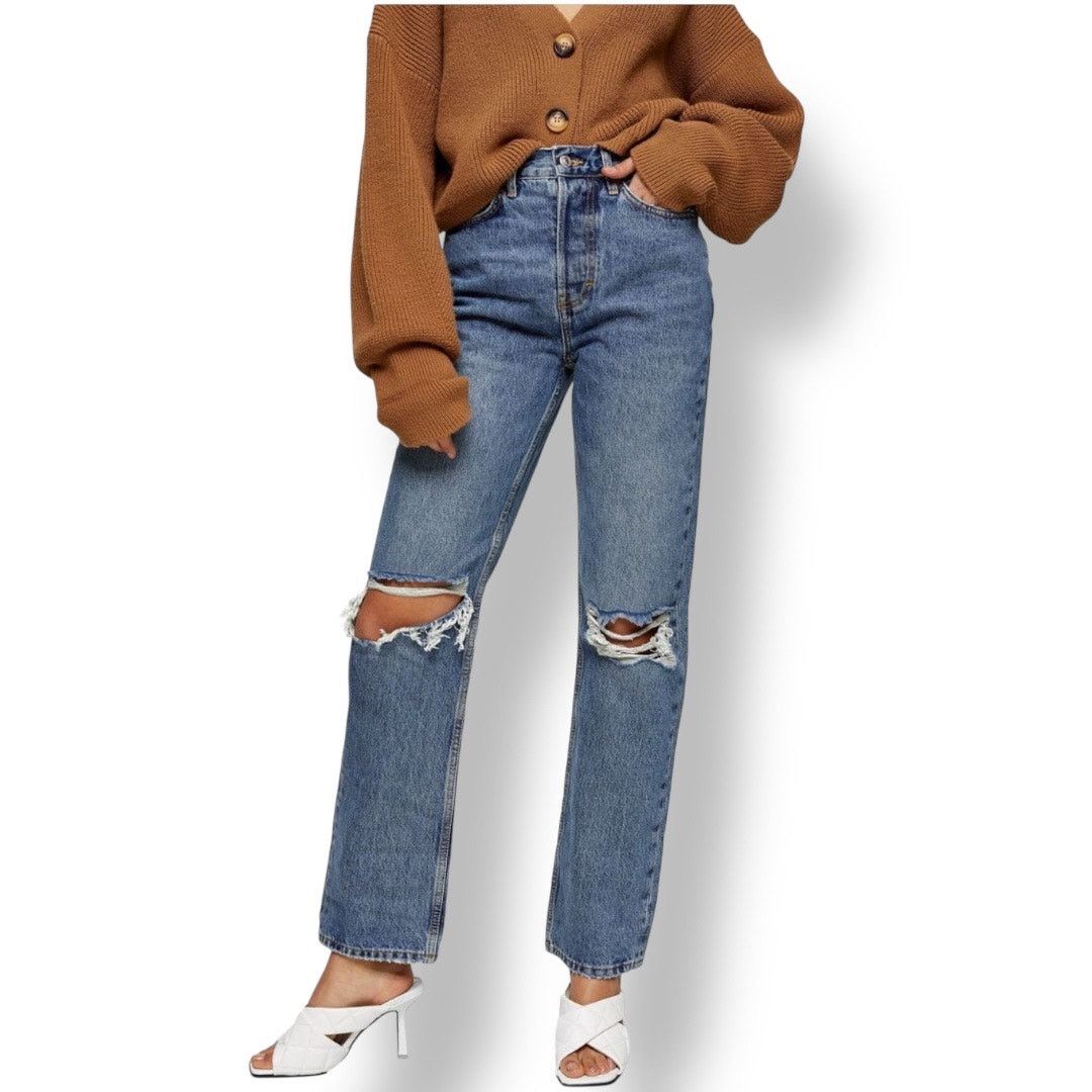 Topshop ASOS Topshop high rise button fly, ripped 5 pocket dad jeans Size 32" / US 10 / IT 46 - 1 Thumbnail