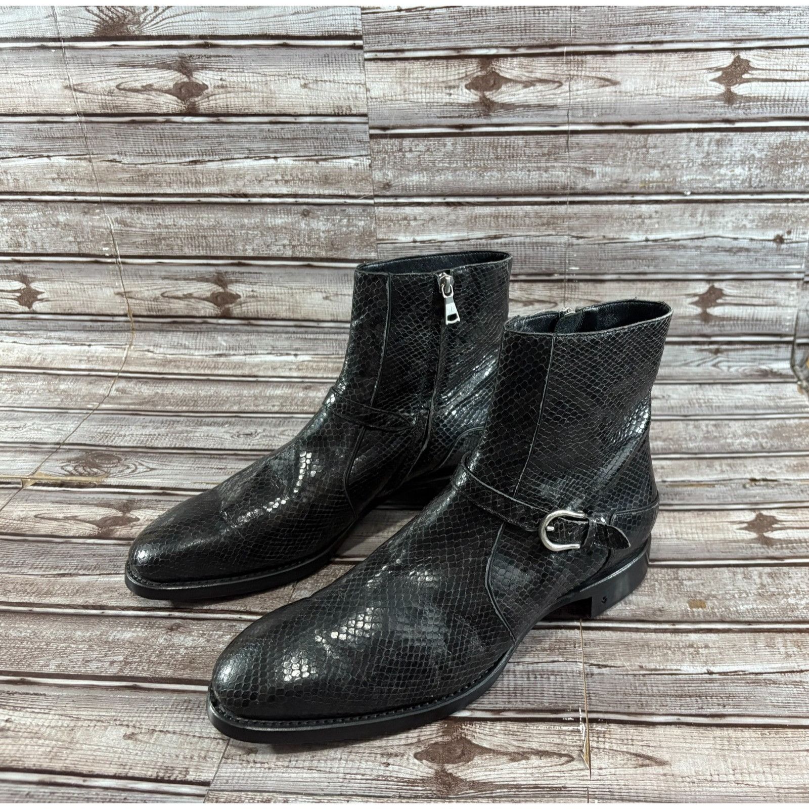 John Varvatos Regent Buckle Leather snake print Boots size 1