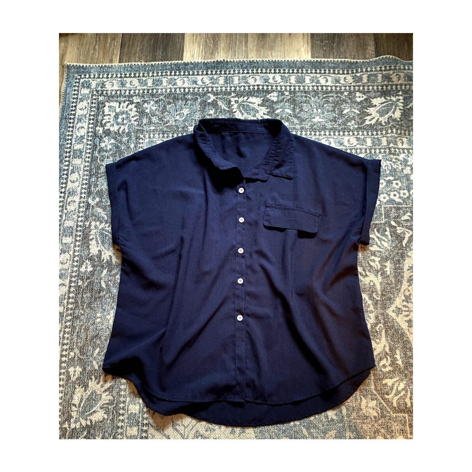 Other Satin Button-Up Navy Blouse Short Sleeve Medium Soft Norm Size M / US 6-8 / IT 42-44 - 2 Thumbnail