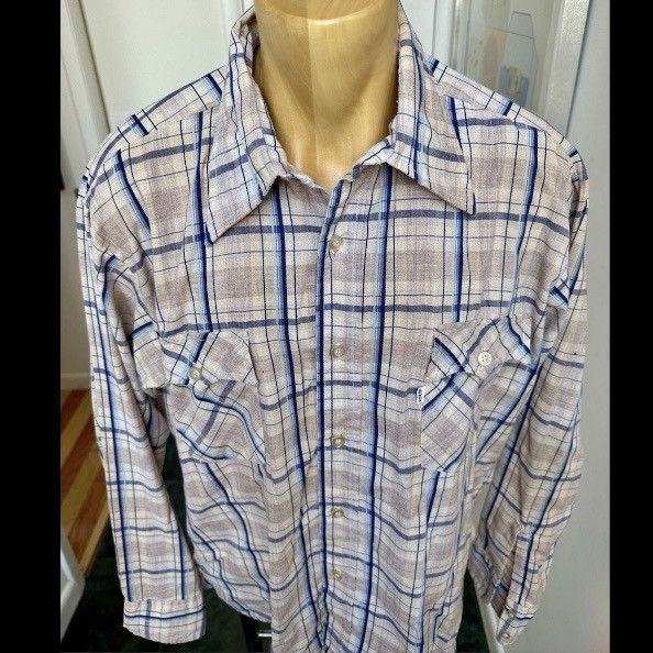 Levi's × Levi's Vintage Clothing × Vintage VINTAGE 1970s LEVI'S SHIRT BUTTON FRONT TAN BLUE PLAID XL Size US XL / EU 56 / 4 - 2 Thumbnail