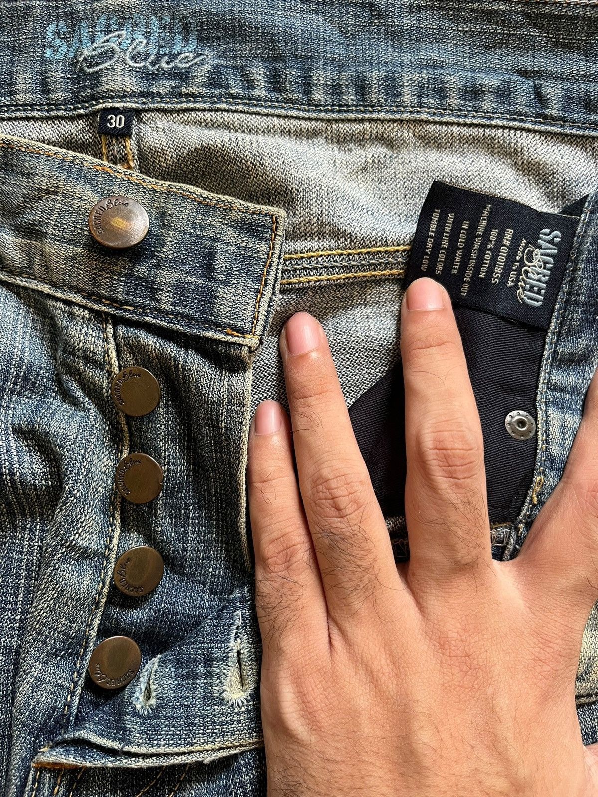 Japanese Brand Vintage USA Sacred Blue Bootcut Faded Wash Distressed Jeans Size US 29 - 3 Thumbnail