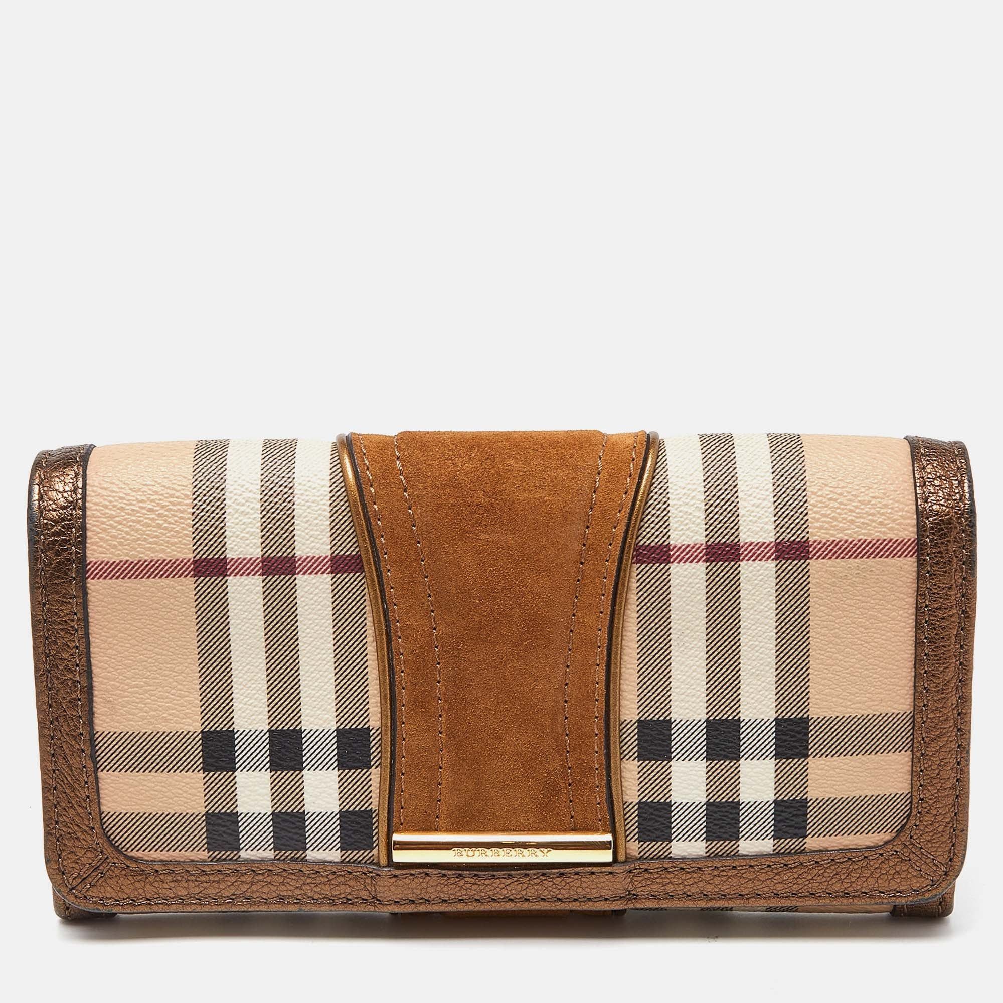 image of Burberry Beige/metallic Nova Check Pvc,leather And Suede Flap Continental Wallet in White, Women's