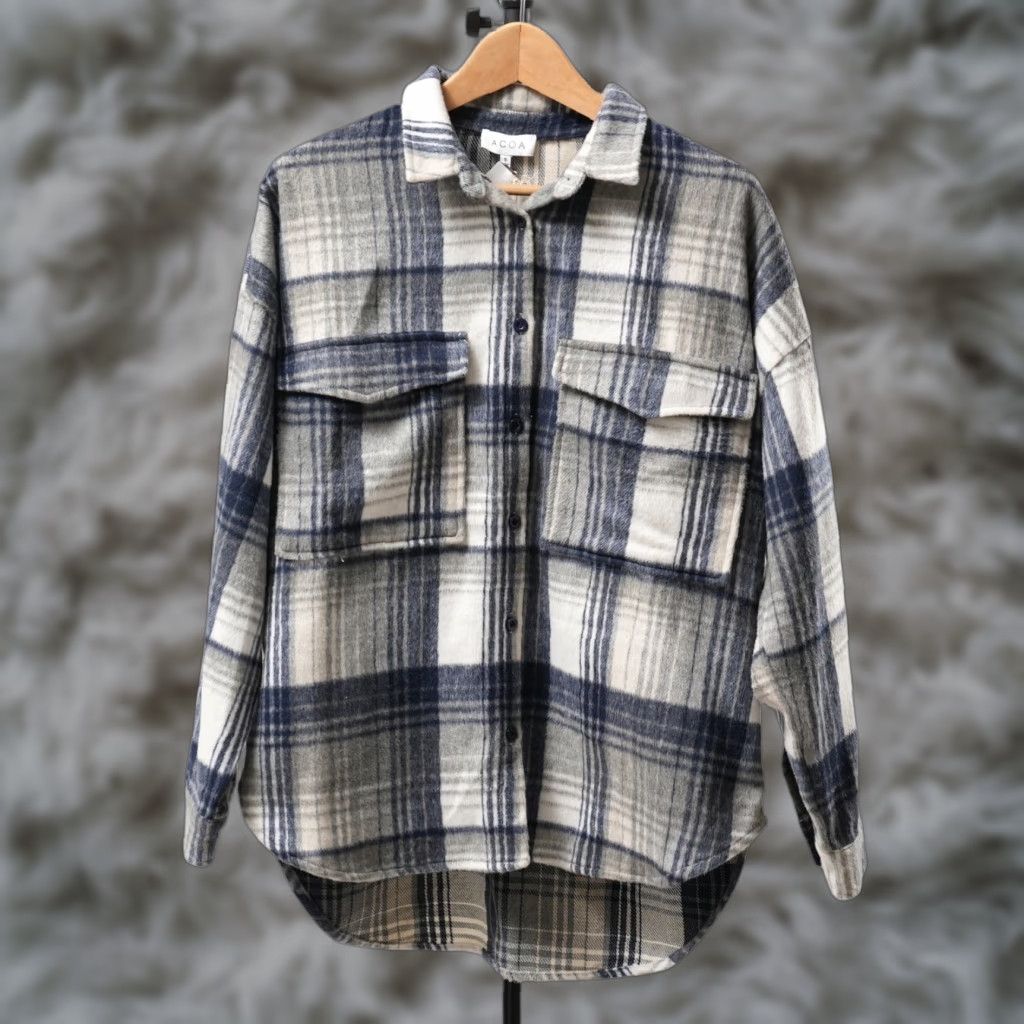 Coach ACOA Oversized Plaid Flannel Shirt Women S Blue NWT Wool Blend Button-Up Casual Long Sleeve Button-Through Shirt Size S / US 4 / IT 40 - 1 Thumbnail