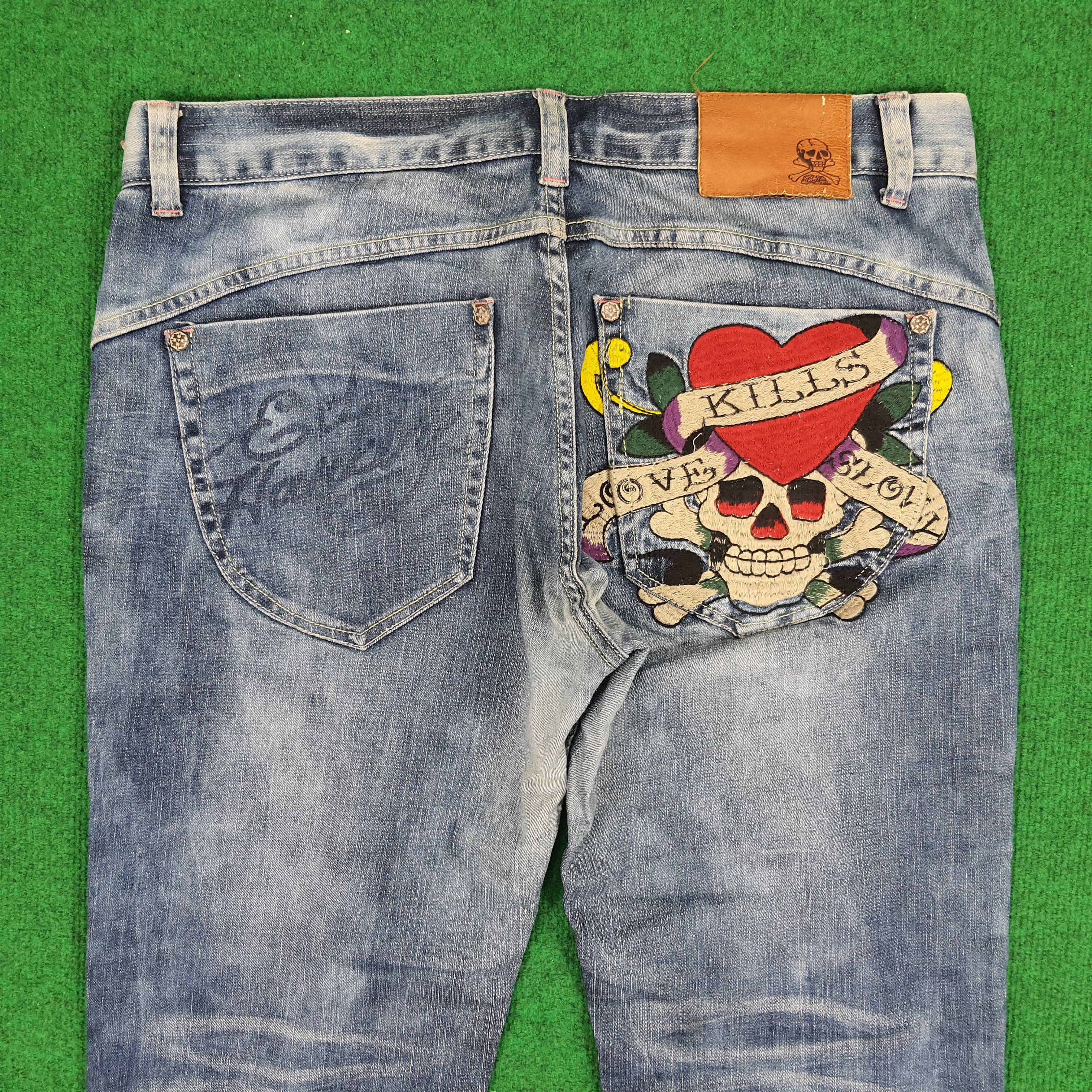 Ed Hardy × Vintage Vintage Ed Hardy Love Kills Slowly Skull Embroidery Jeans Size US 35 - 1 Thumbnail