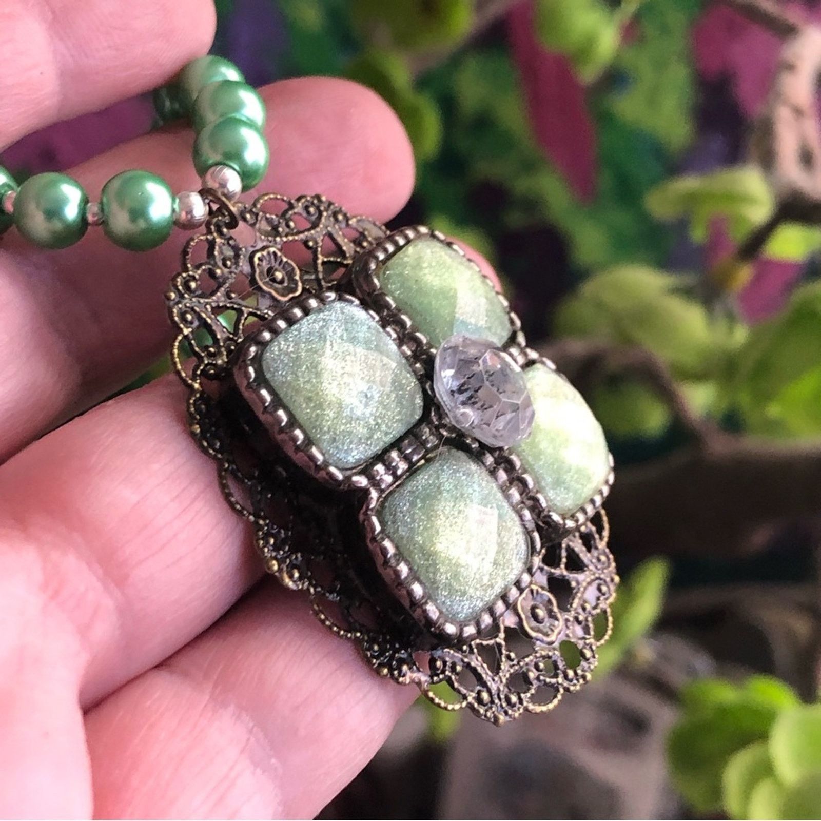 Handmade Handcrafted repurpose speckle green glass Pearl necklace Size ONE SIZE - 11 Thumbnail