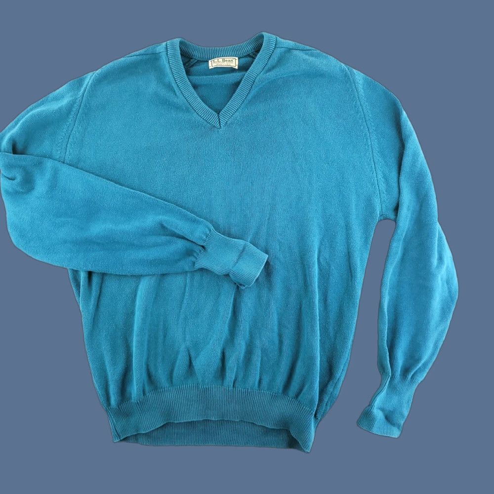 Vintage VINTAGE L.L. Bean Sweater Pullover V-Neck Mens XL Blue Green USA Solid Knit Size US XL / EU 56 / 4 - 1 Thumbnail