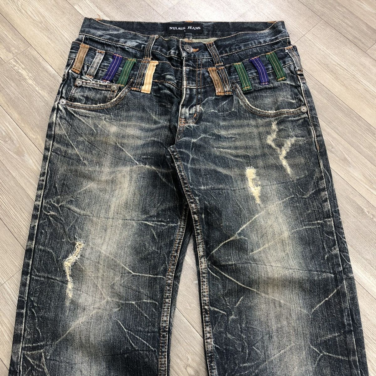Japanese Brand 2000s Nylaus Double Waist Distressed Faded Baggy Jeans Size US 32 / EU 48 - 2 Thumbnail