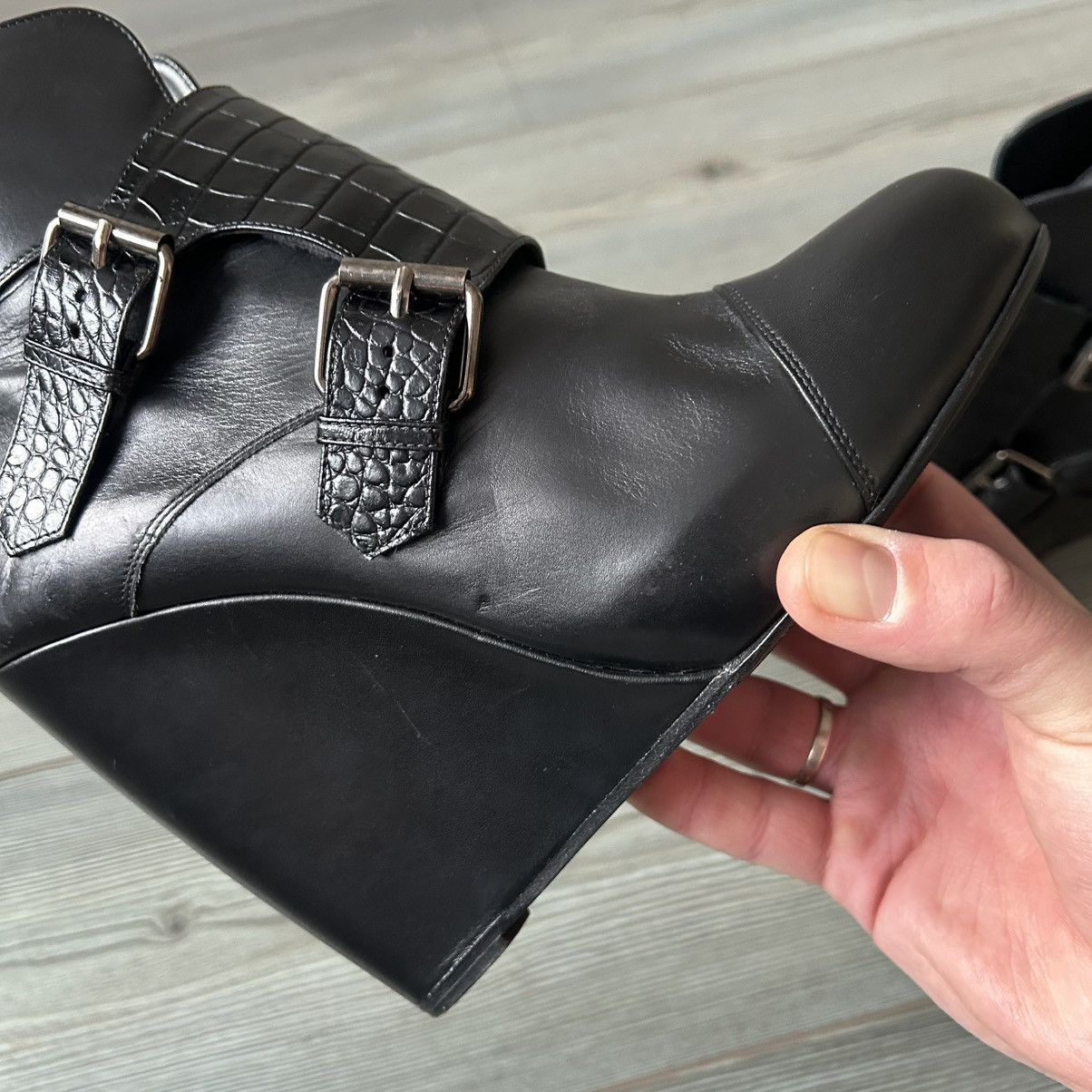 Sacai Sacai Black Buckle Leather Wedge Boots Size US 11 / IT 41 - 14 Thumbnail