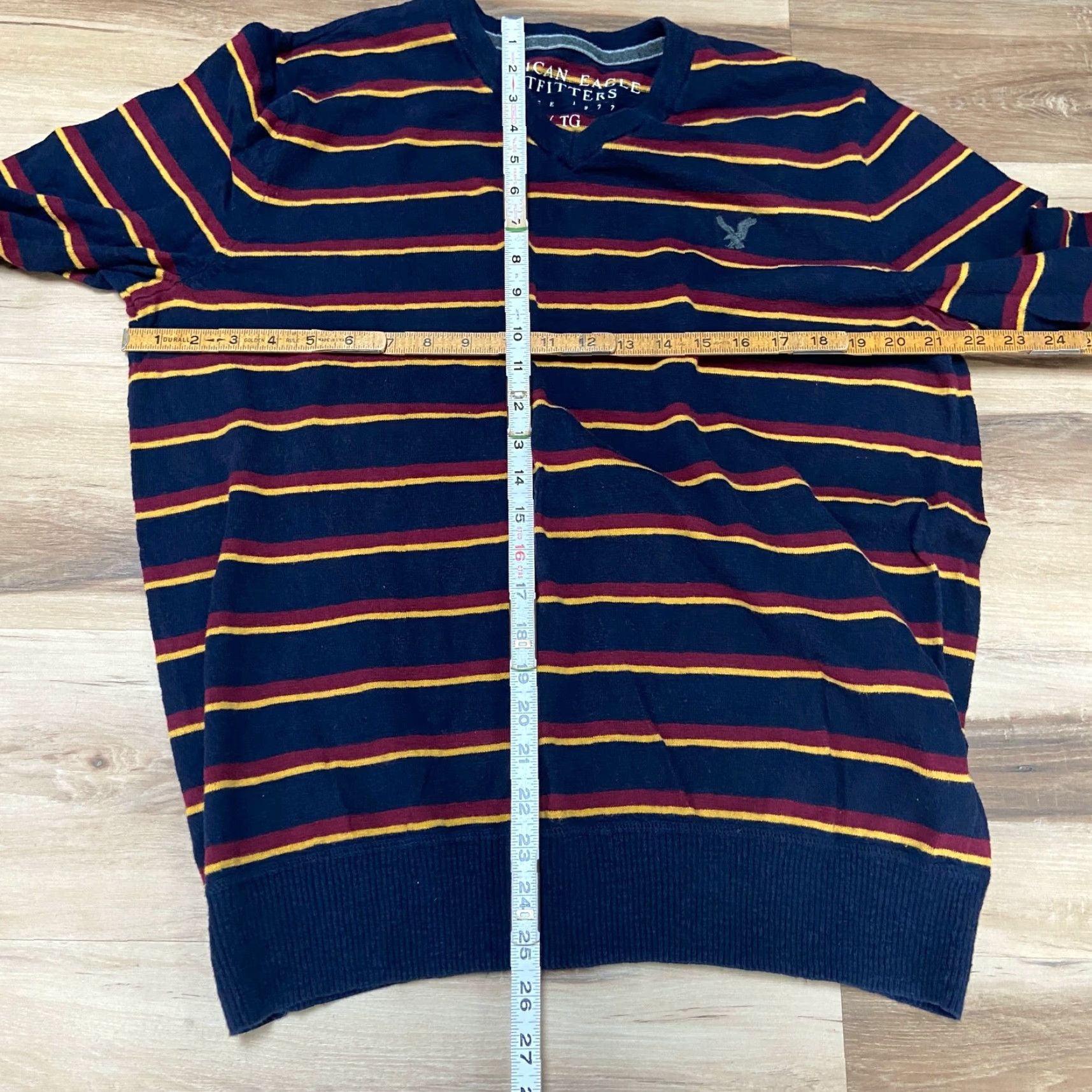 American Eagle Outfitters American Eagle Sweater Mens XL Navy Blue Striped V Neck Long Sleeve Pullover Size US XL / EU 56 / 4 - 6 Thumbnail