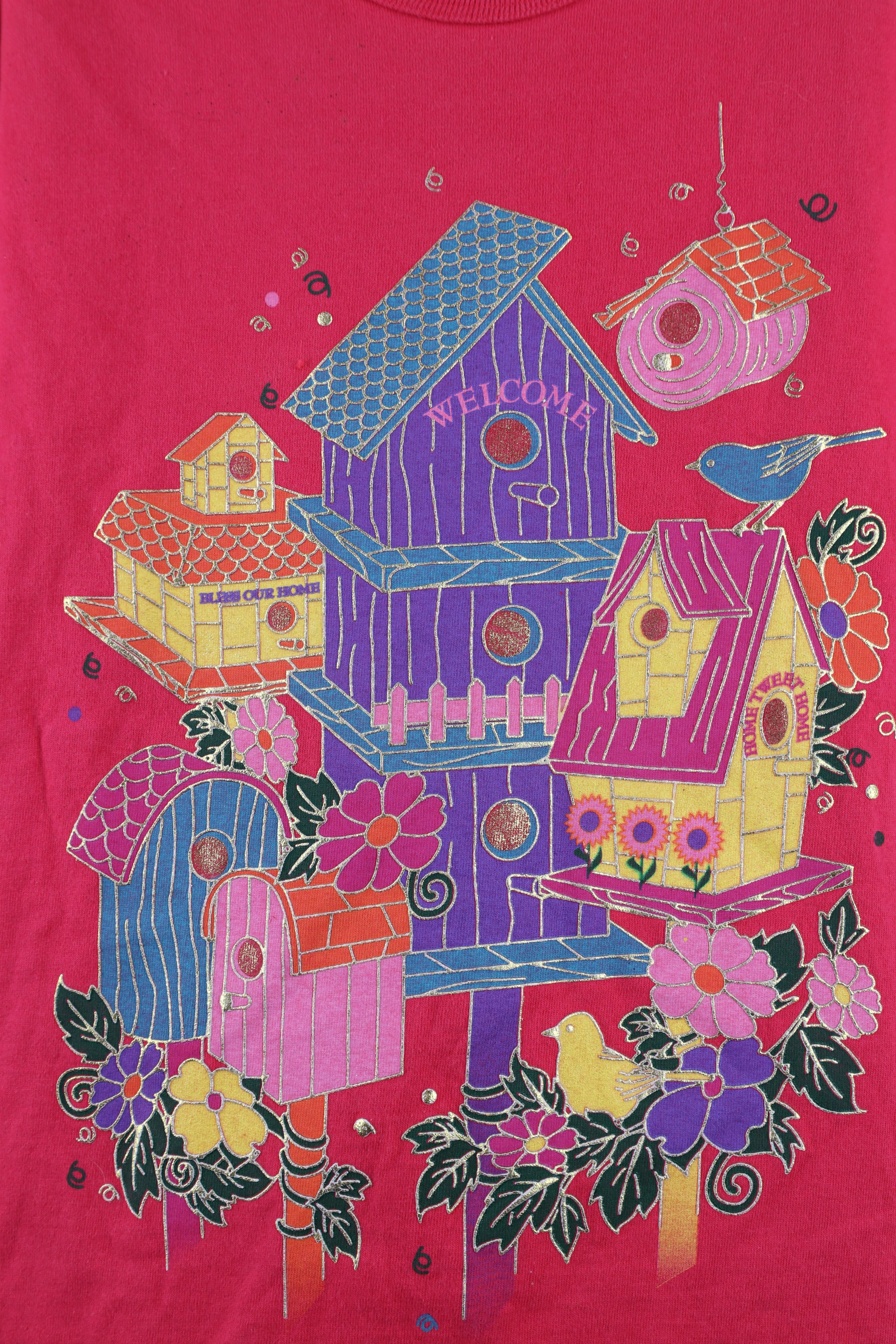 Vintage Vintage 90s Streetwear Flower Birdhouse T-Shirt Pink Size L / US 10 / IT 46 - 4 Thumbnail