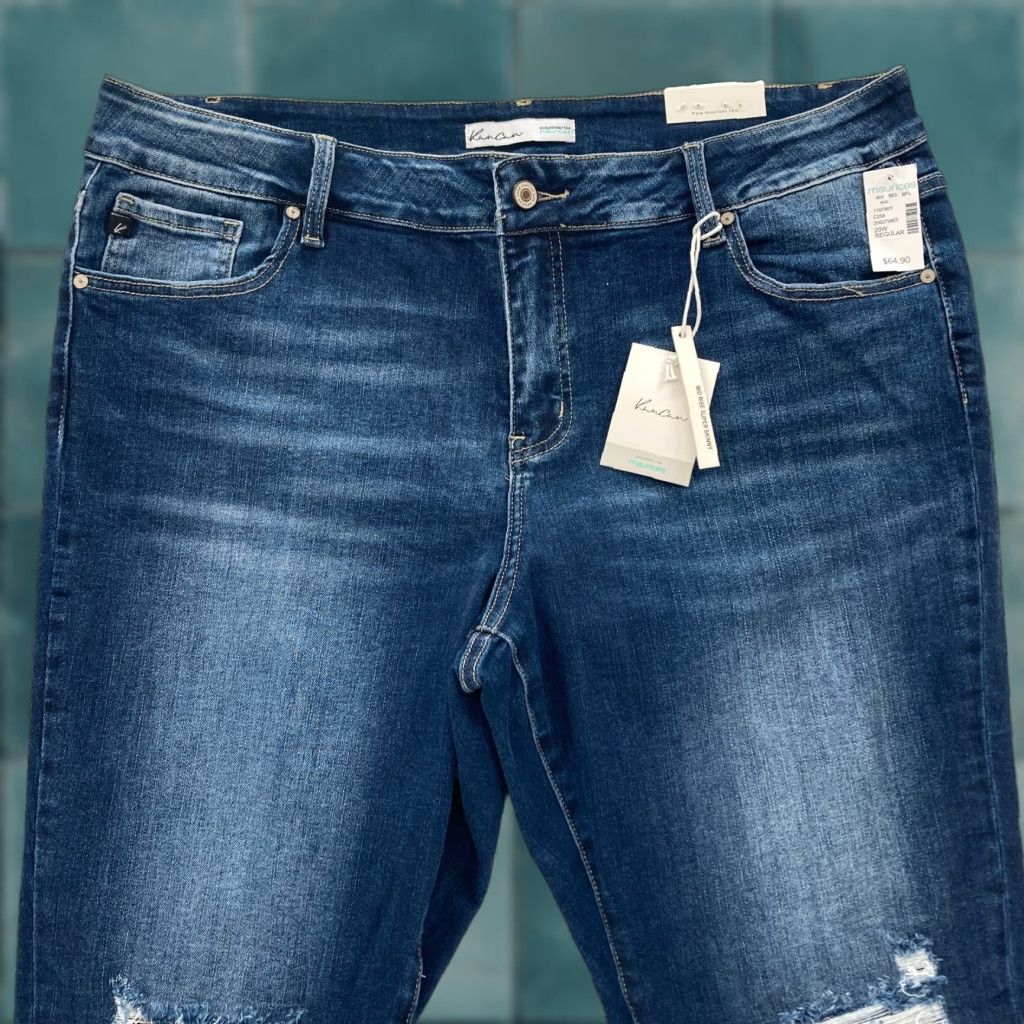 Vintage KanCan Jeans Women's Plus 20 Skinny Dark Leopard Backed Destructed 5-Pocket Denim NWT Blue Dark 29 In Inseam Slim High Rise, NWT Size 42" / US 20 - 1 Thumbnail