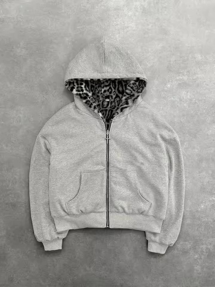 Japanese Brand Grey Leopard Print Reversible Fleece Zip Hoodie – Streetwear Size US XL / EU 56 / 4 - 2 Thumbnail