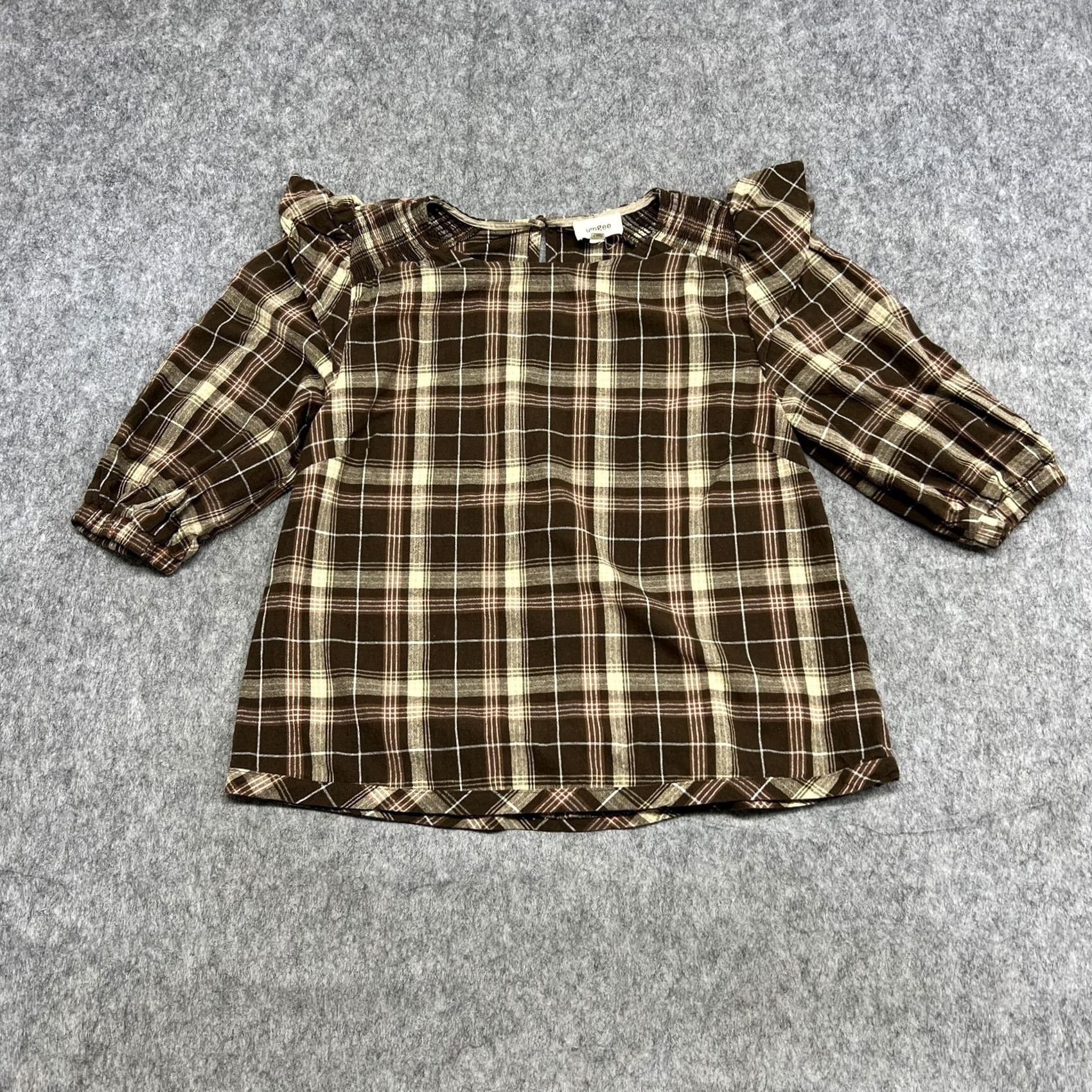 Vintage UMGEE Blouse Womens M Brown Plaid Tunic 3/4 Sleeve Cotton Top Ruffle Boho Shirt Size M / US 6-8 / IT 42-44 - 2 Thumbnail