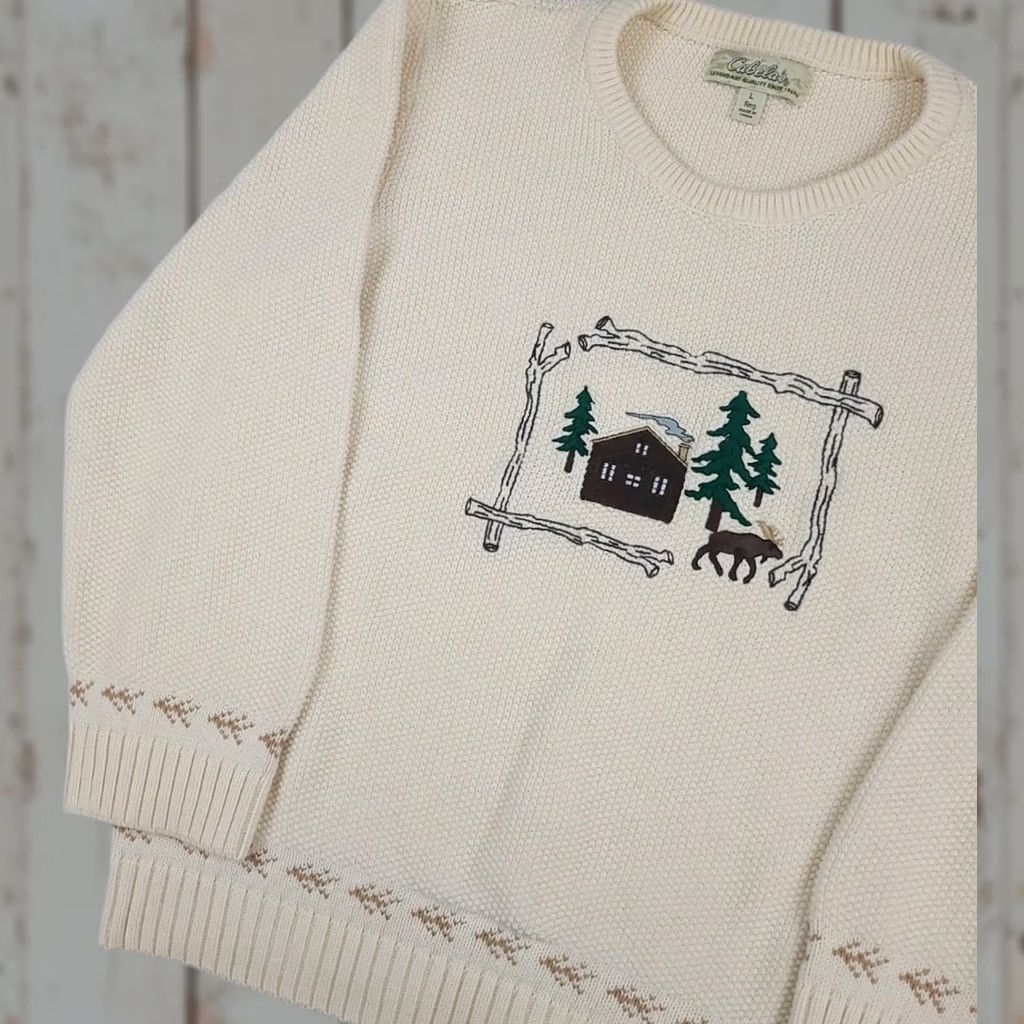 Vintage VINTAGE Cabela'S Sweater Womens L Ivory Cabin Forest Moose Embroidered Worn Vtg Outdoor Nature Size L / US 10 / IT 46 - 1 Thumbnail