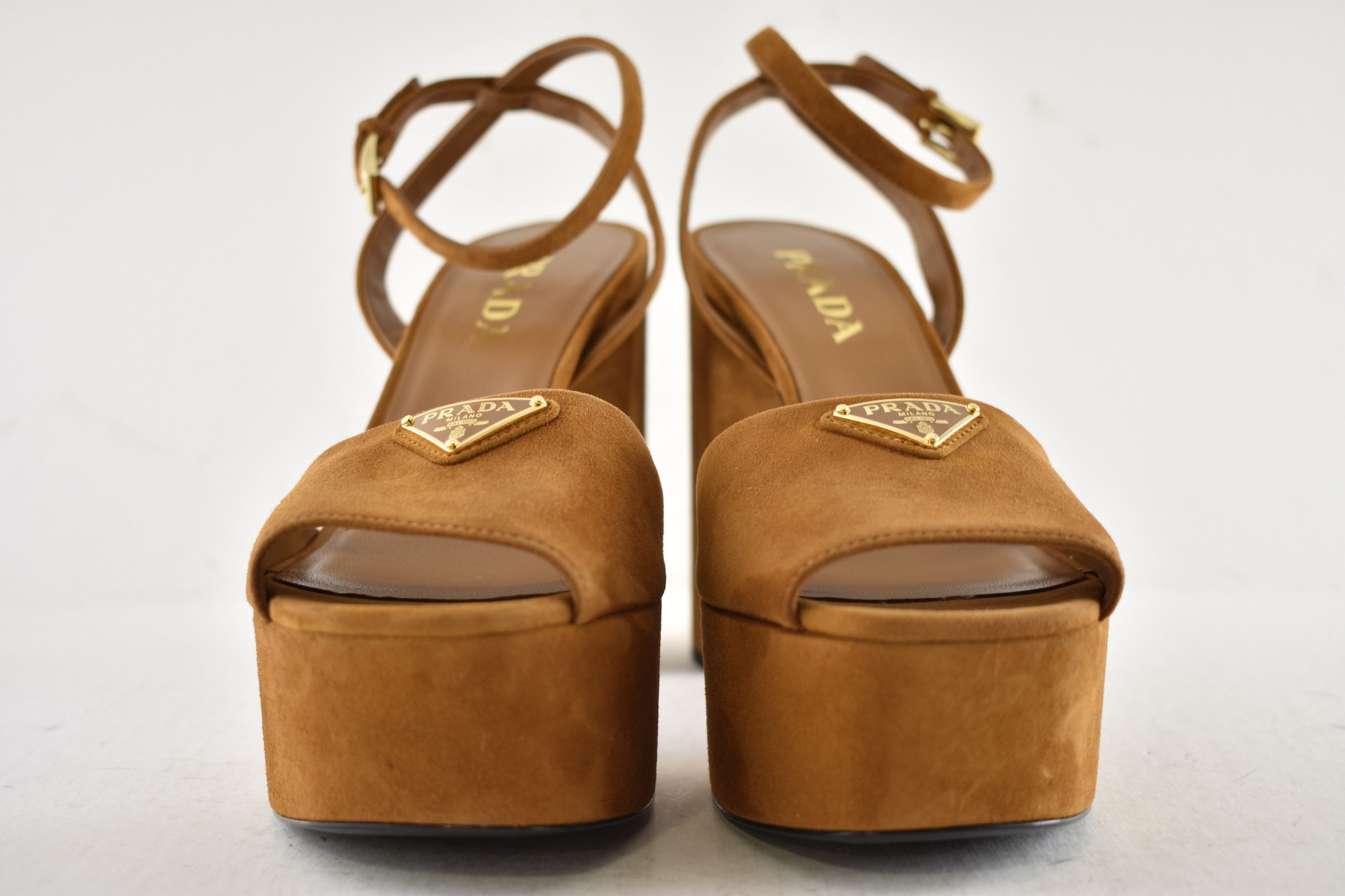 Prada Prada 115 Cognac Suede Platform Sandal Block Heel Pump 38.5 Size US 8.5 / IT 38.5 - 10 Thumbnail