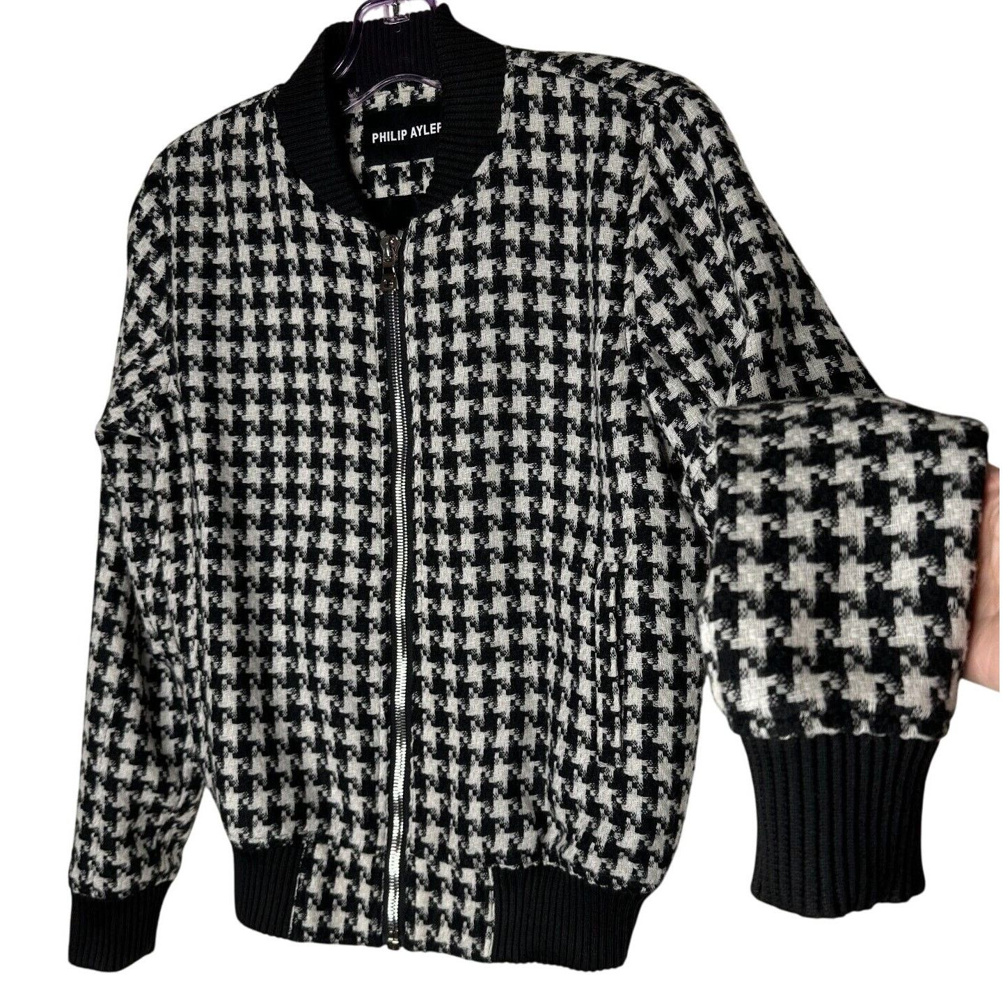 Louis Philippe Philip Ayler White Black Tweed Houndstooth Bomber Jacket M Size M / US 6-8 / IT 42-44 - 1 Thumbnail