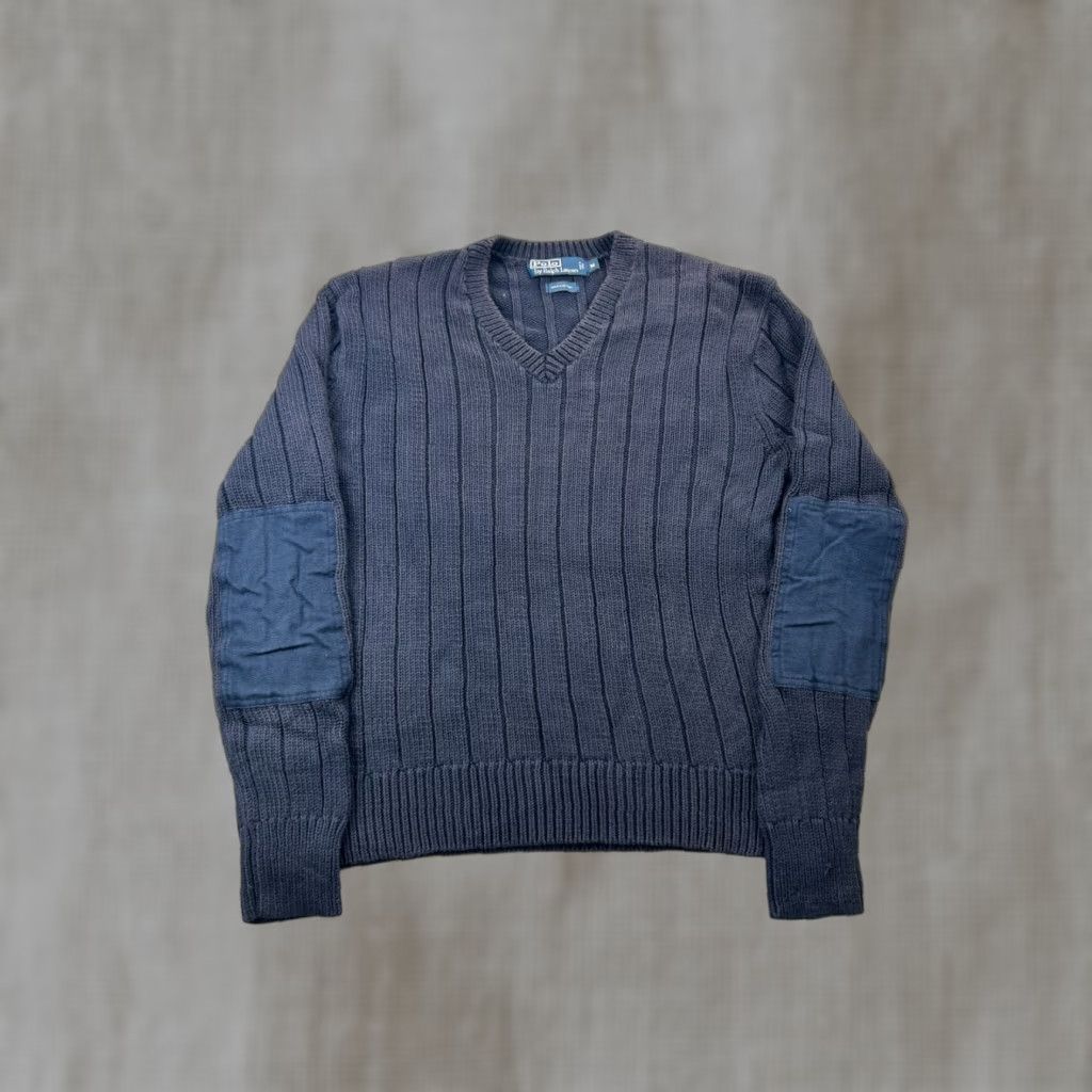 Polo Ralph Lauren VINTAGE Polo Ralph Lauren Sweater Shirt Men M Blue Cotton Knit Elbow Patch Logo V-Neck Pullover Knit Regular Wool? Size US M / EU 48-50 / 2 - 1 Thumbnail