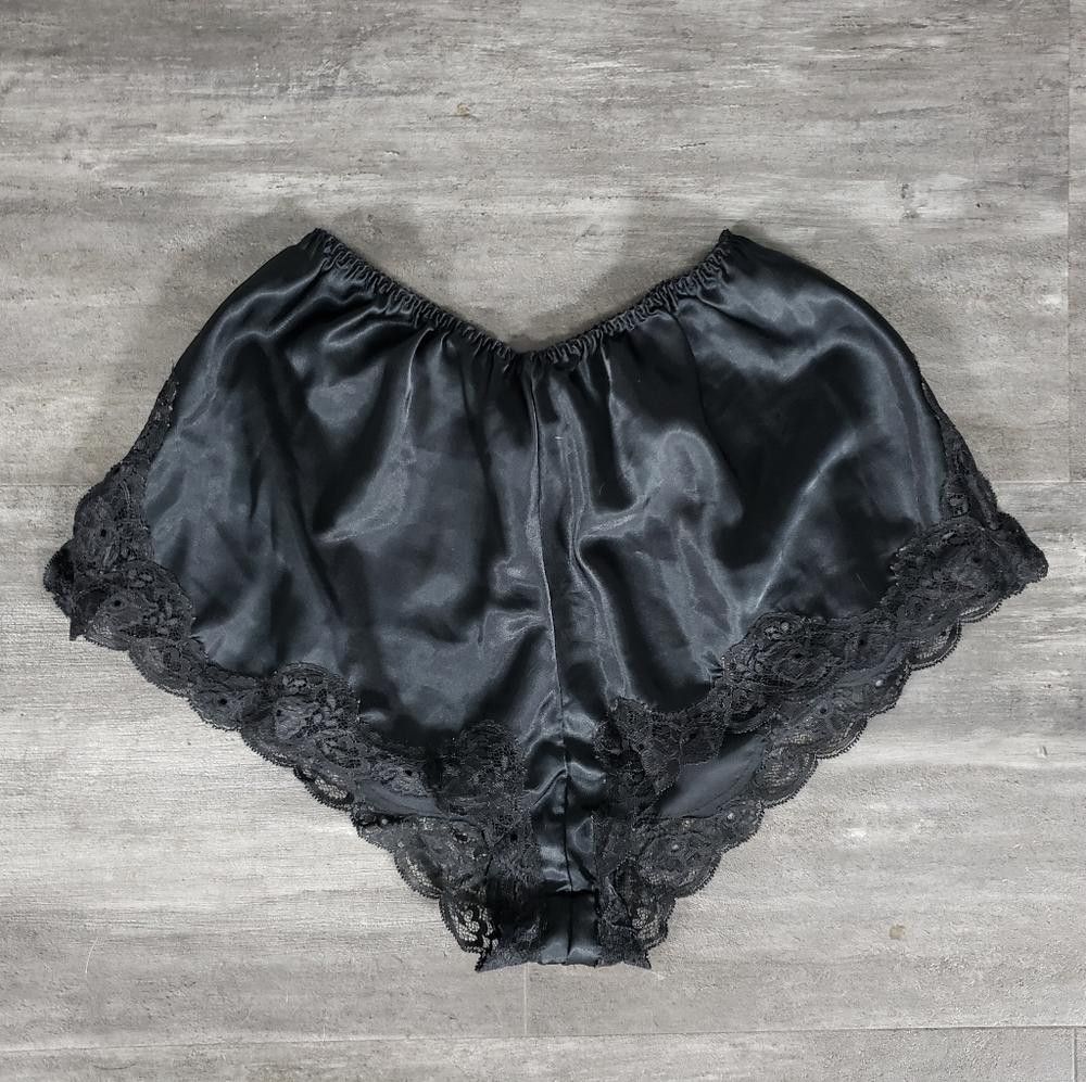 Designer Black Lace Detailed VS Satin Pajama Bottoms Size ONE SIZE - 1 Thumbnail