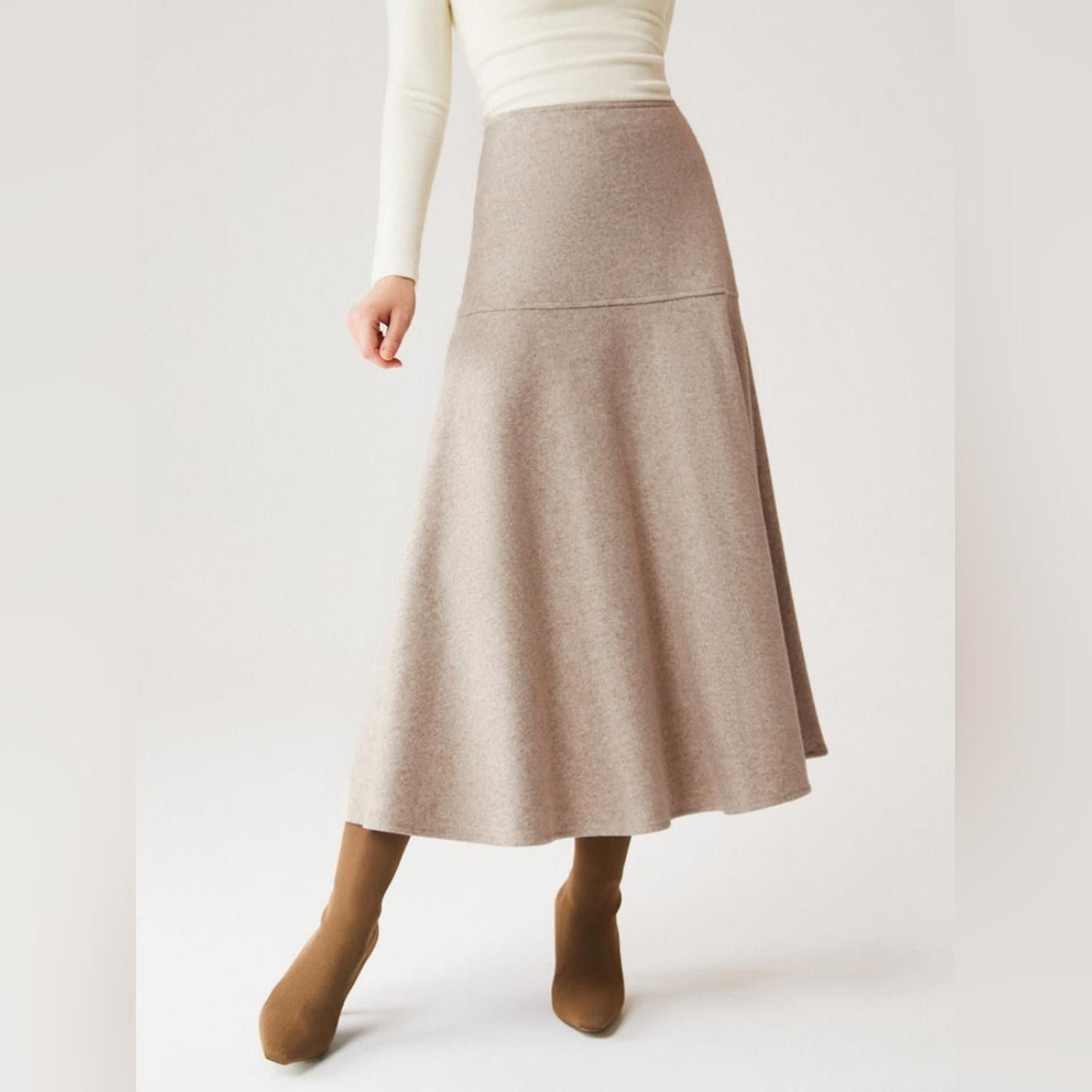 Designer OGL Tan Cream CashSoftWool-like Flared Maxi Skirt Size 28" / US 6 / IT 42 - 4 Thumbnail