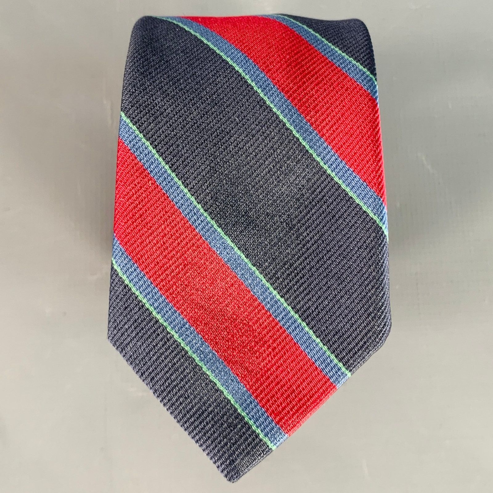 Band Of Outsiders Navy Red Green Diagonal Stripe Silk Skinny Tie Size ONE SIZE - 1 Thumbnail