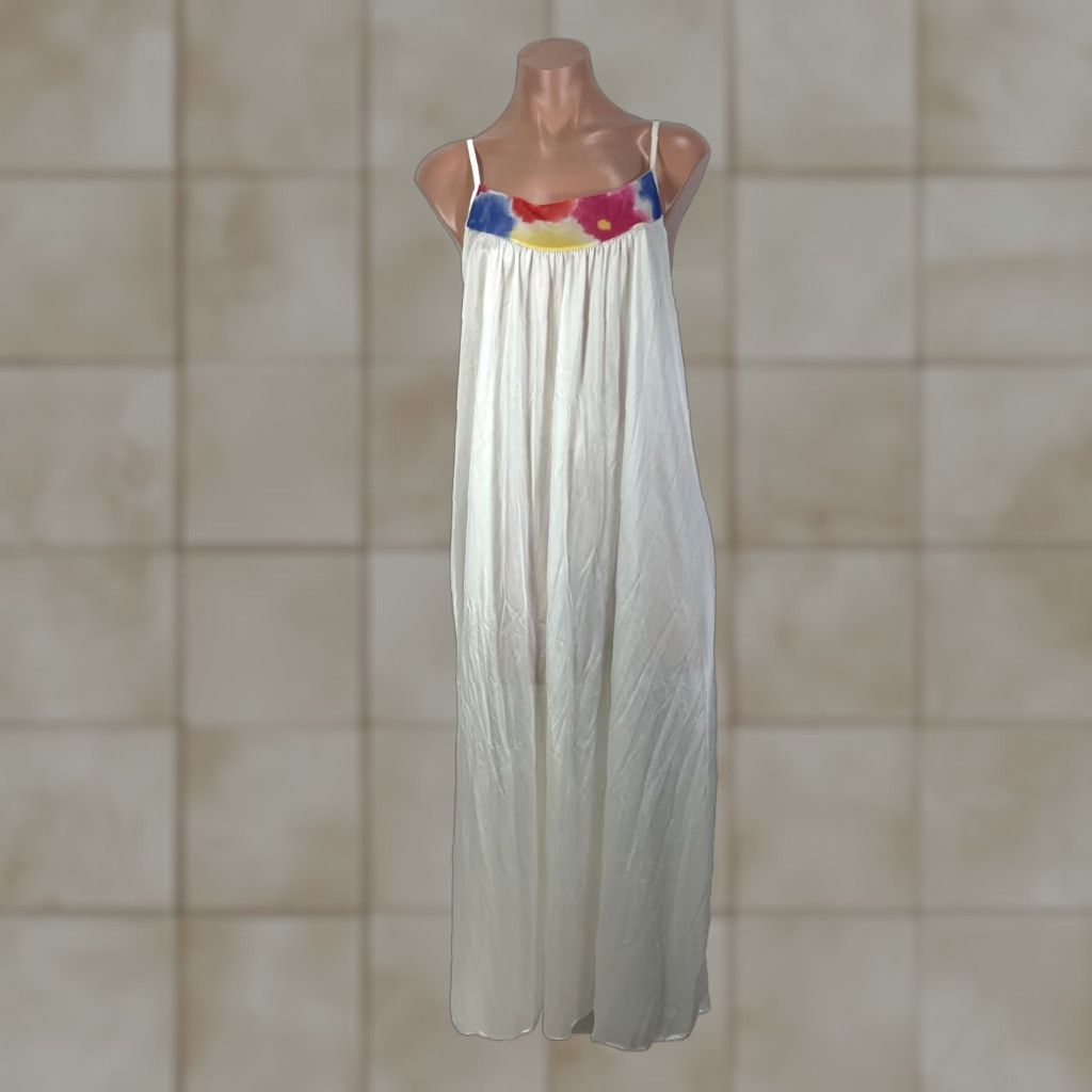 VINTAGE Sears White Abstract LONG GOWN Nightgown Slip Dress M USA Nylon 1970s Victorian Womens