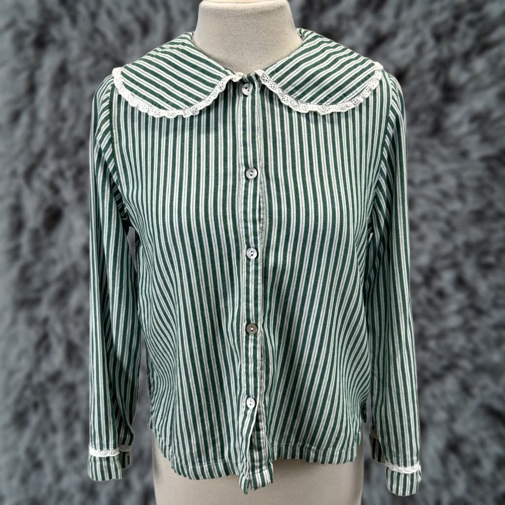 Vintage Rachel Ashwell Pajama Set Women’s S Green Stripe Eyelet Trim Cottage Core 2 Pc Threaded Cotton Shirt Button Collared Long Sleeve Adults Womens Size ONE SIZE - 1 Thumbnail