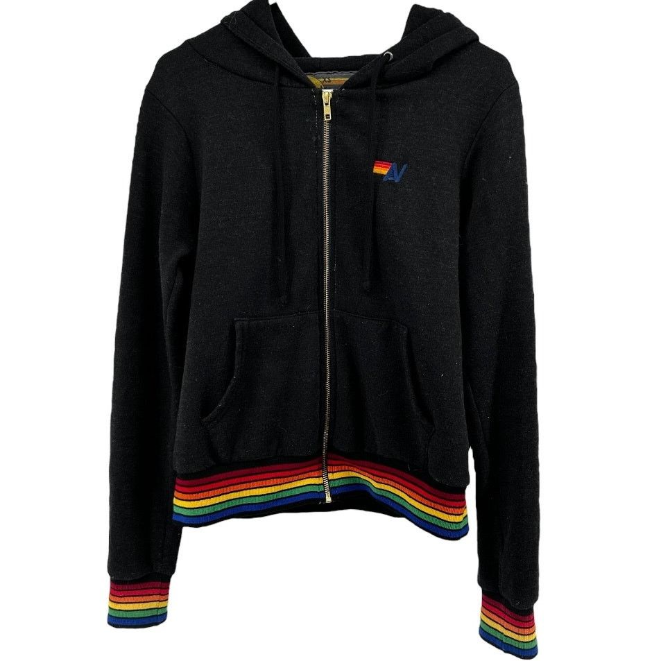 Image of Aviator Nation Rainbow Rib Zip Hoodie Sweatshirt Black Xs, Women's