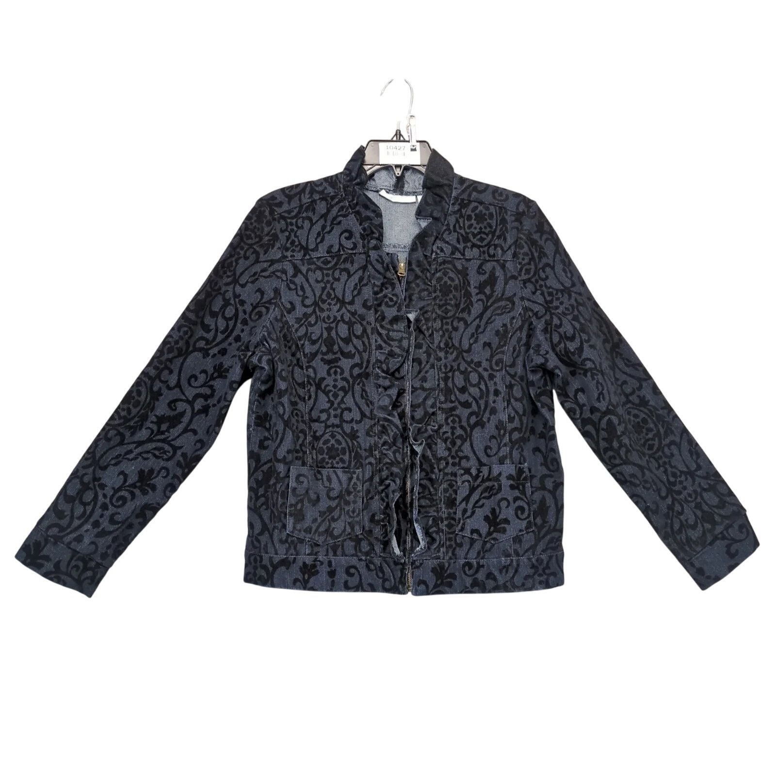 Other Tantrums Navy Denim Velour Flocked Full Zip Jacket Women's L Size L / US 10 / IT 46 - 1 Thumbnail