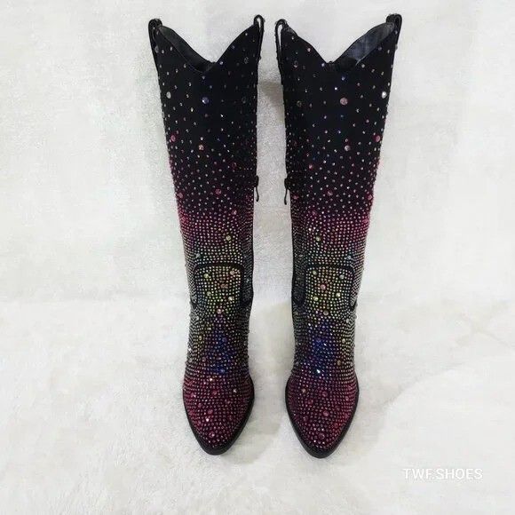 Other Glamour Cowboy Multi Color Ombre Rhinestone Cowgirl Boots Size US 7 / IT 37 - 3 Thumbnail