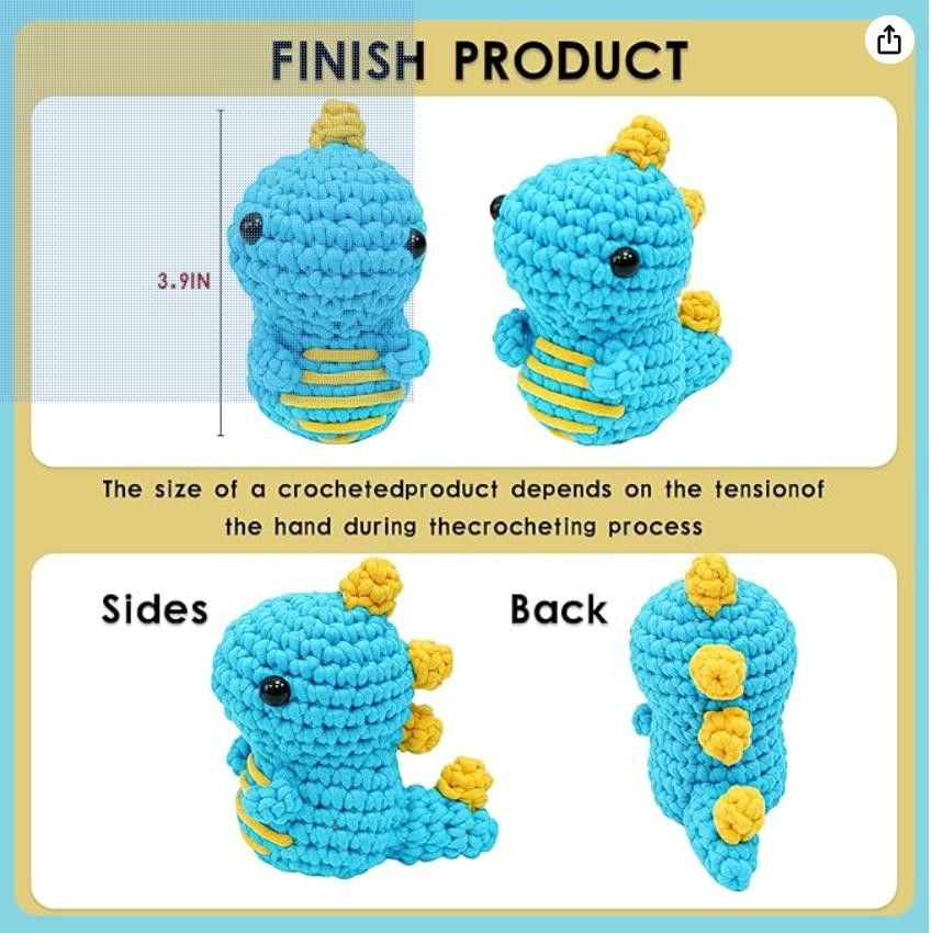 NBDN Nobrandedon Crocheting Starter Kit DIY Supplies, Makes 1 Blue Dinosaur Size ONE SIZE - 3 Thumbnail