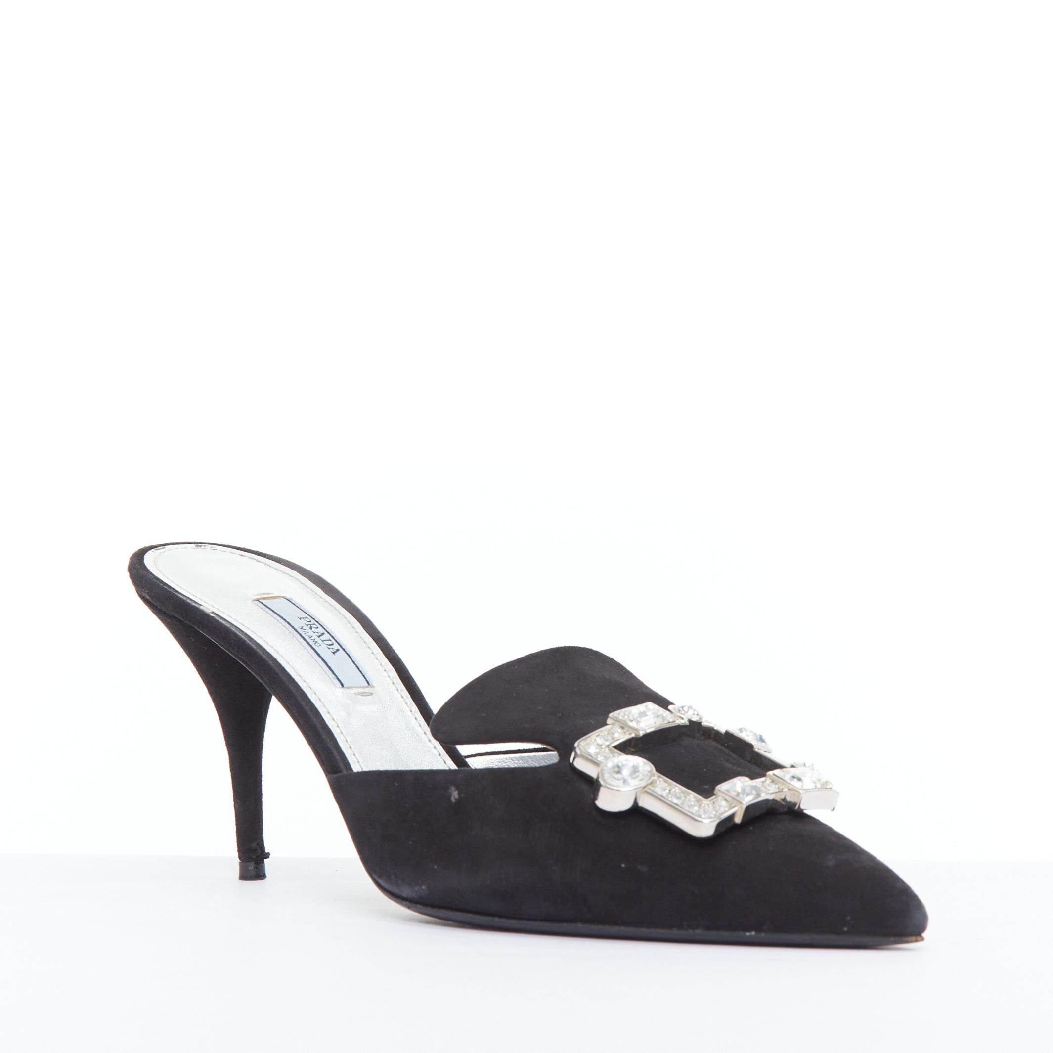 Prada PRADA black crystal rectangle buckle suede leather mules EU39 Size US 9 / IT 39 - 1 Thumbnail