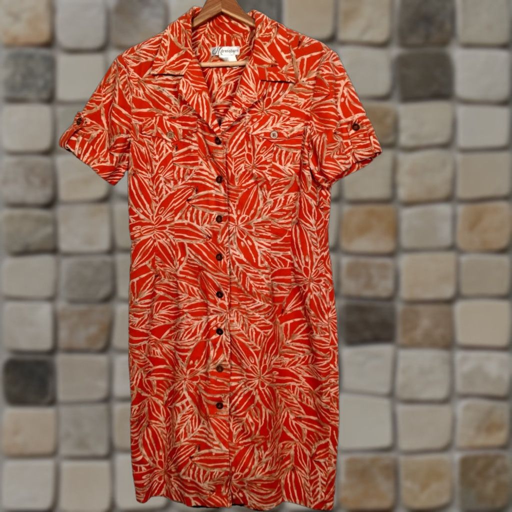 Vintage VINTAGE Dressbarn Shirt Dress Orange Floral Linen Rayon 10 Adult Medium White? Size L / US 10 / IT 46 - 1 Thumbnail