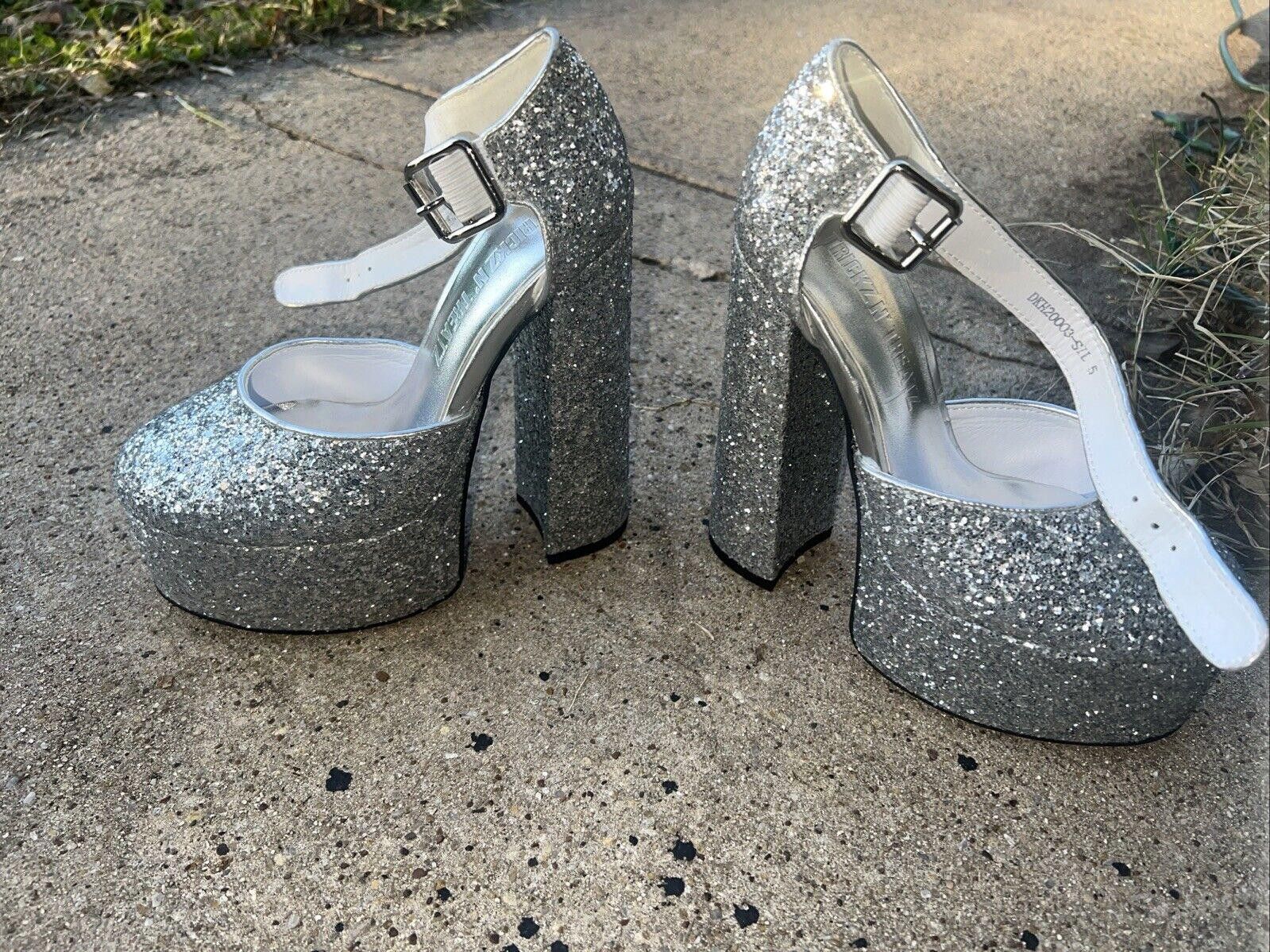 Designer Size 5 silver glitter platform Chunky heels Dolls Kill Shoes Size US 5 / IT 35 - 1 Thumbnail