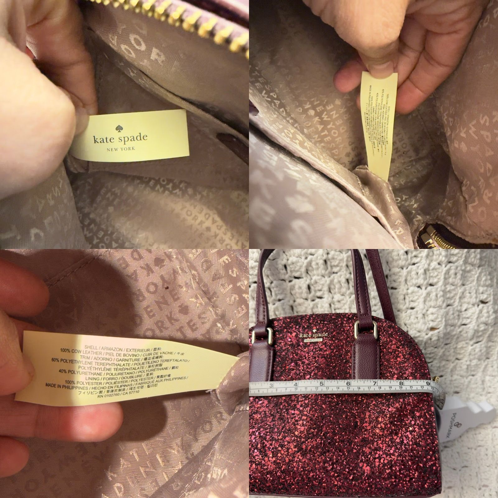 Vintage VINTAGE Kate Spade Satchel Bag Cross-Body Purse Burgundy Glitter Leather Trim Small Women’s Size ONE SIZE - 9 Thumbnail