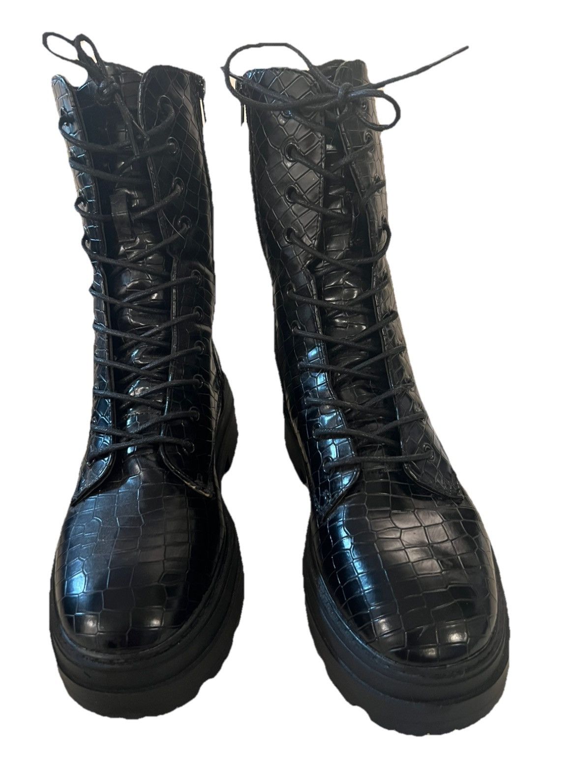 Designer NEW Boots Black Crocodile Vegan Size10 Zip/Lace Soooo Nice! Size US 10 / IT 40 - 1 Thumbnail
