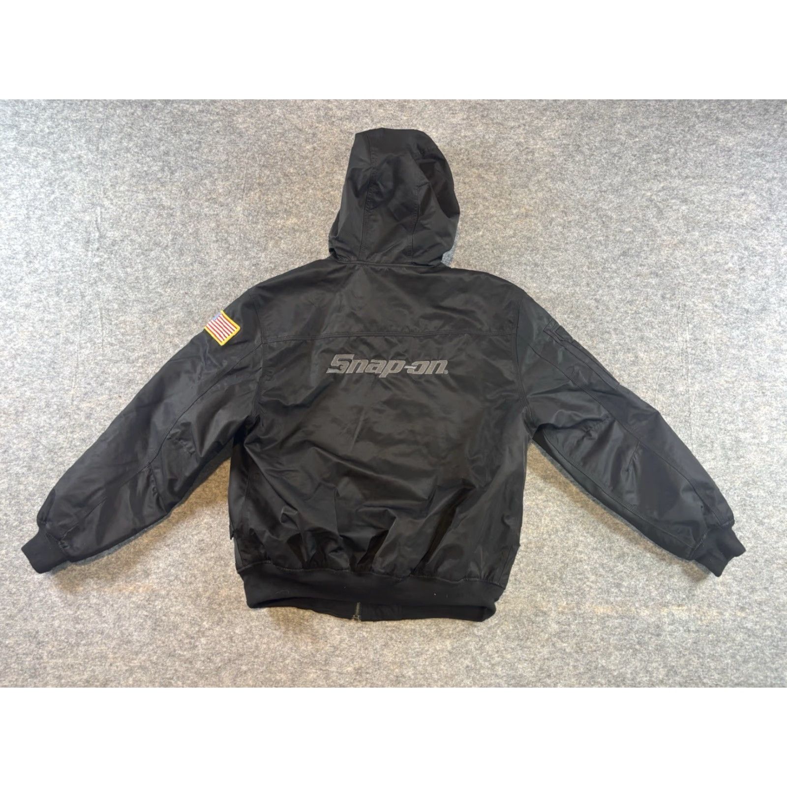 Vintage Snap-On Men's Black Hooded Work Jacket Canvas with American Flag Patch M Jacket Mens Black Canvas Hooded Work Jacket with Flag Patch Size US M / EU 48-50 / 2 - 6 Thumbnail