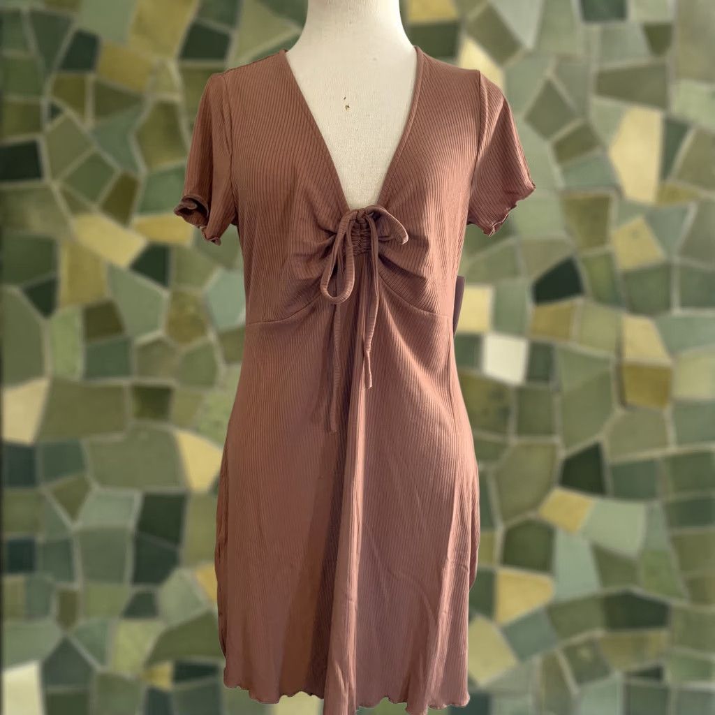 Vintage BP Tie Front Lettuce Edge Mini Dress - Tan Mocha L Size - Casual Office Siren Size L / US 10 / IT 46 - 1 Thumbnail