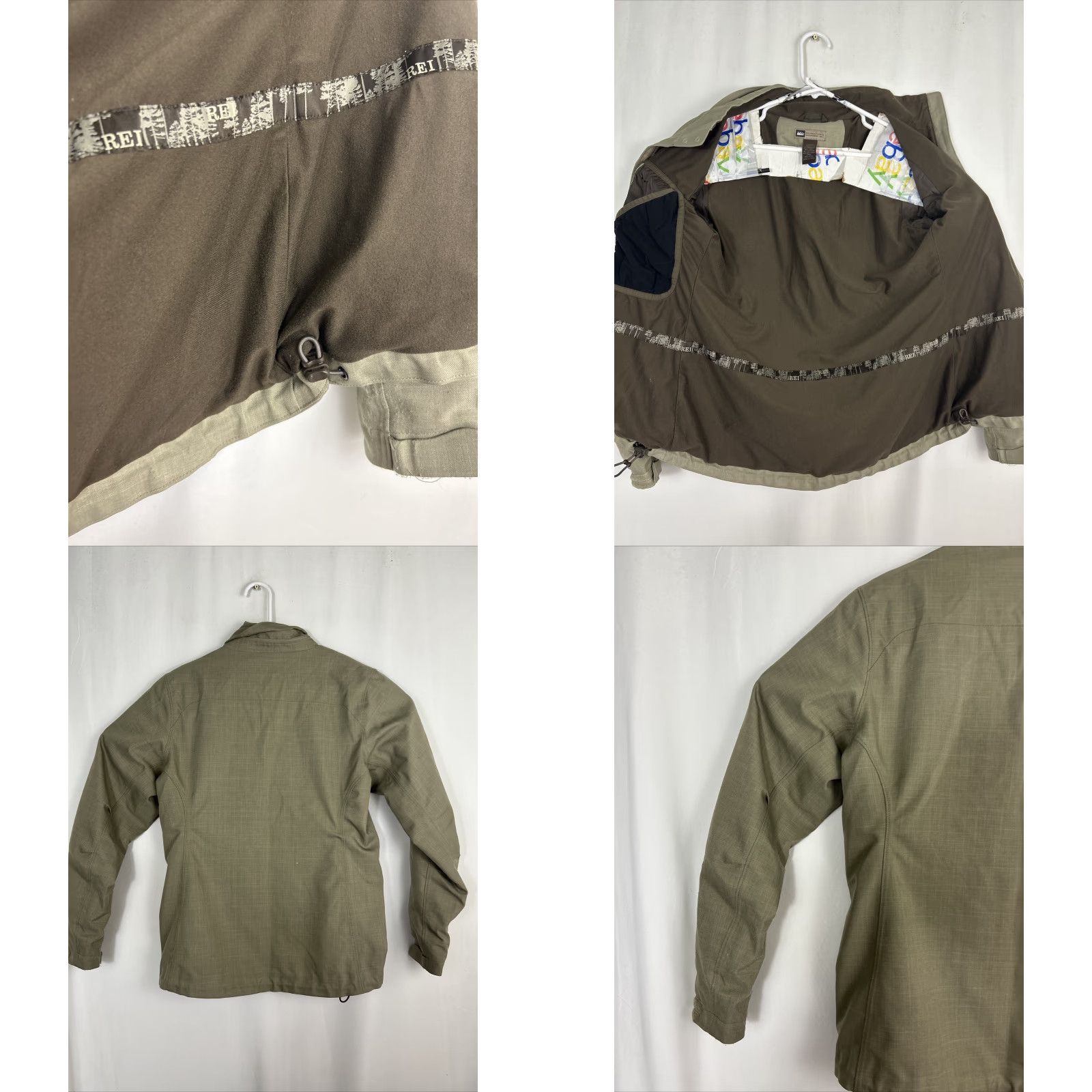 REI Womens Small Full Zip Jacket Beige Nylon Polyester Missing Hood Cinch Waist