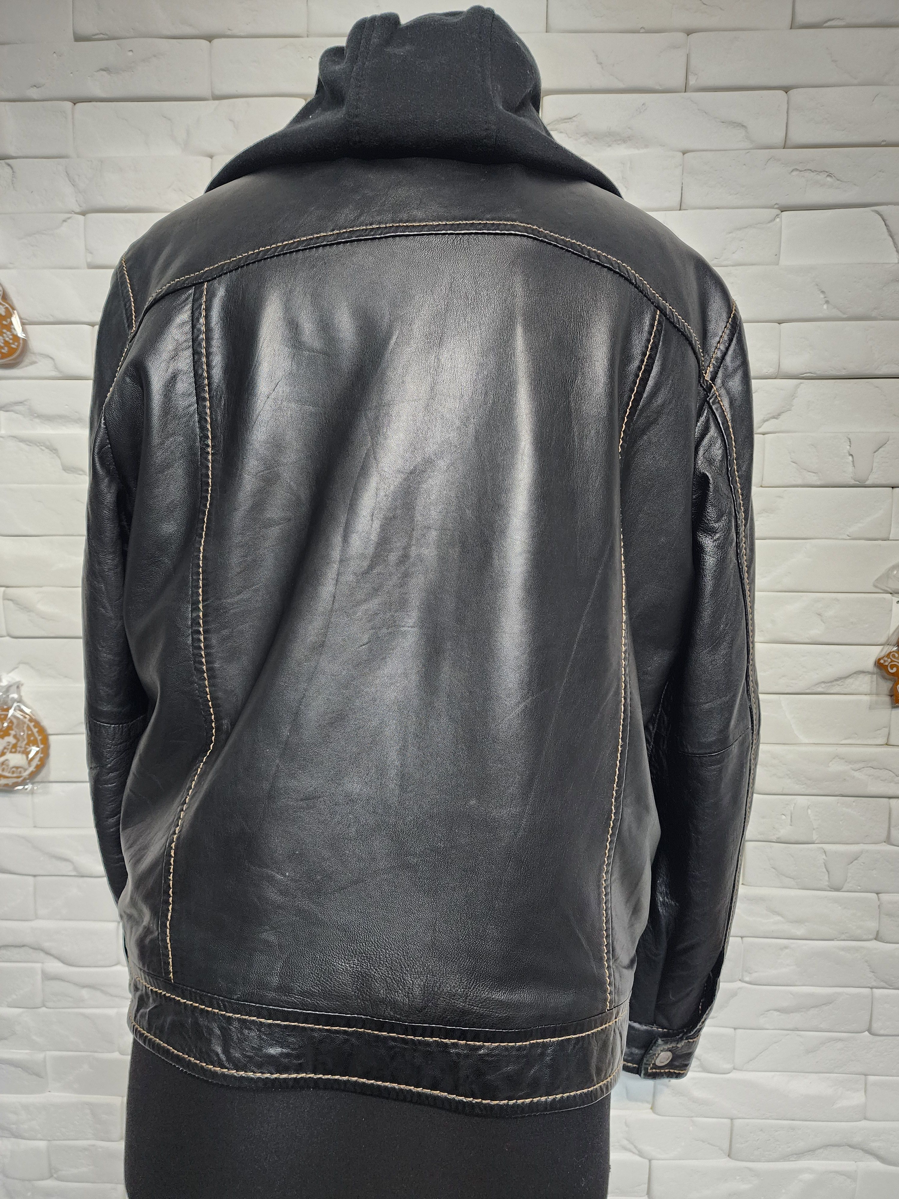 Genuine Leather Men's Black Leather Hooded Jacket: Knitted Collar & Hood. Size US L / EU 52-54 / 3 - 5 Thumbnail