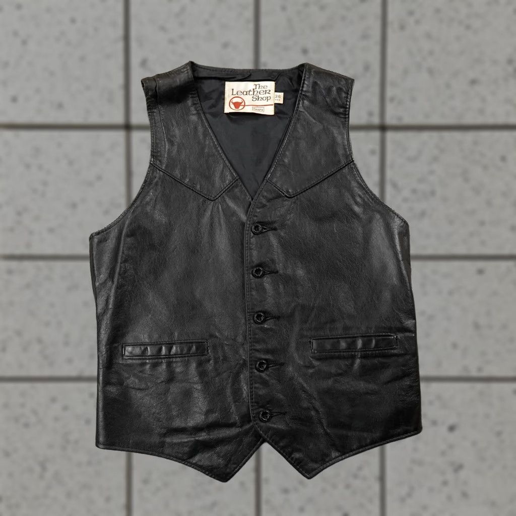 Sears VINTAGE Sears Leather Vest Mens 36 Black Western Cowboy Biker 70s Vest Mens Black Leather Size US XXS / EU 40 - 1 Thumbnail