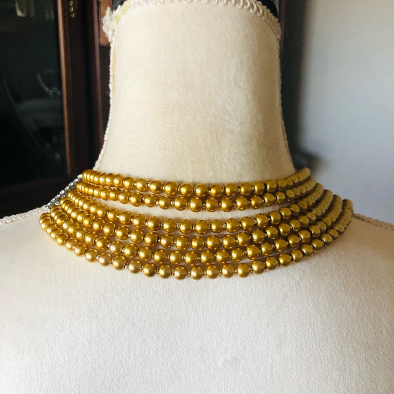 Handmade Handcrafted six strand golden Czech glass pearl necklace Size ONE SIZE - 6 Thumbnail