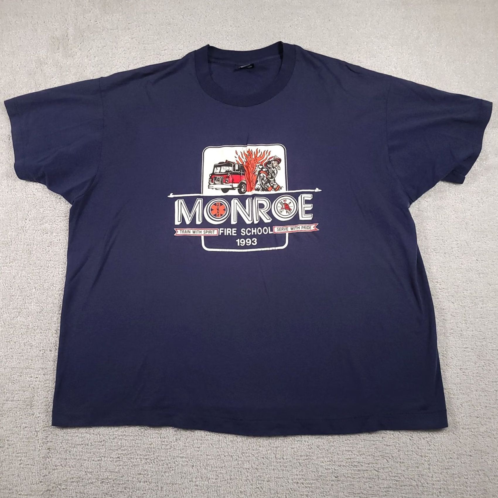 Fruit Of The Loom VINTAGE Monroe Fire School Shirt Mens 3XL Blue 1993 Firefighter Graphic USA 90s Size US XXL / EU 58 / 5 - 2 Thumbnail