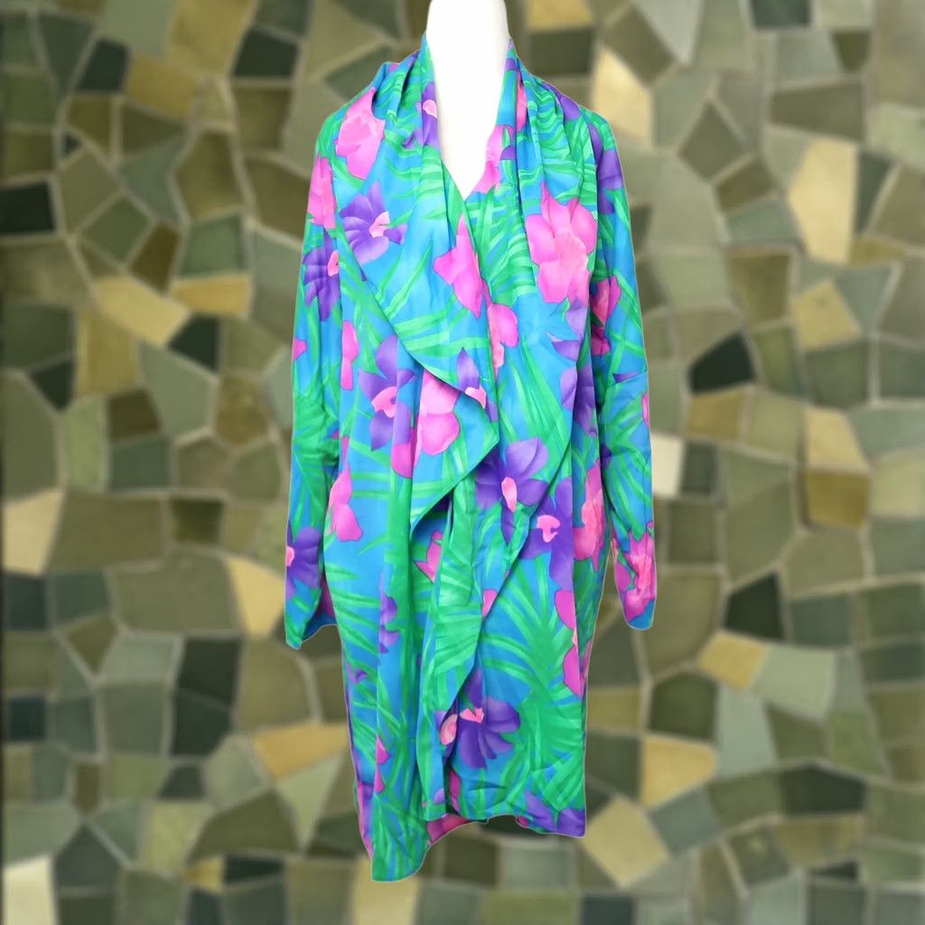 Vintage VINTAGE Sandcastle Coverup Shirt 1980s Green Purple Tropical Floral Leaf Nylon M Womens Size ONE SIZE - 1 Thumbnail