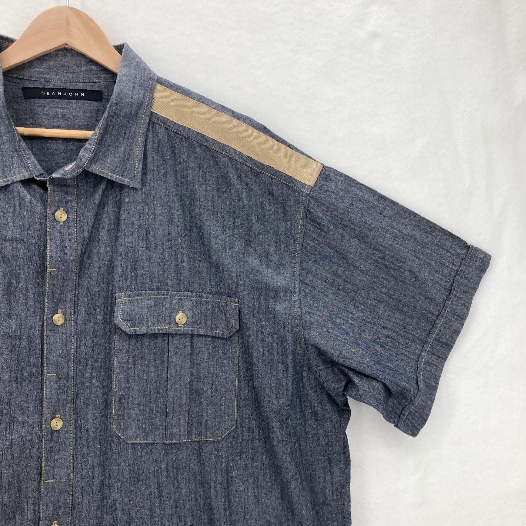 Sean John VINTAGE Sean John Shirt Mens 3XB Blue Denim Chambray Short Sleeve Button Up Hip Hop Y2K Size US XXL / EU 58 / 5 - 2 Thumbnail