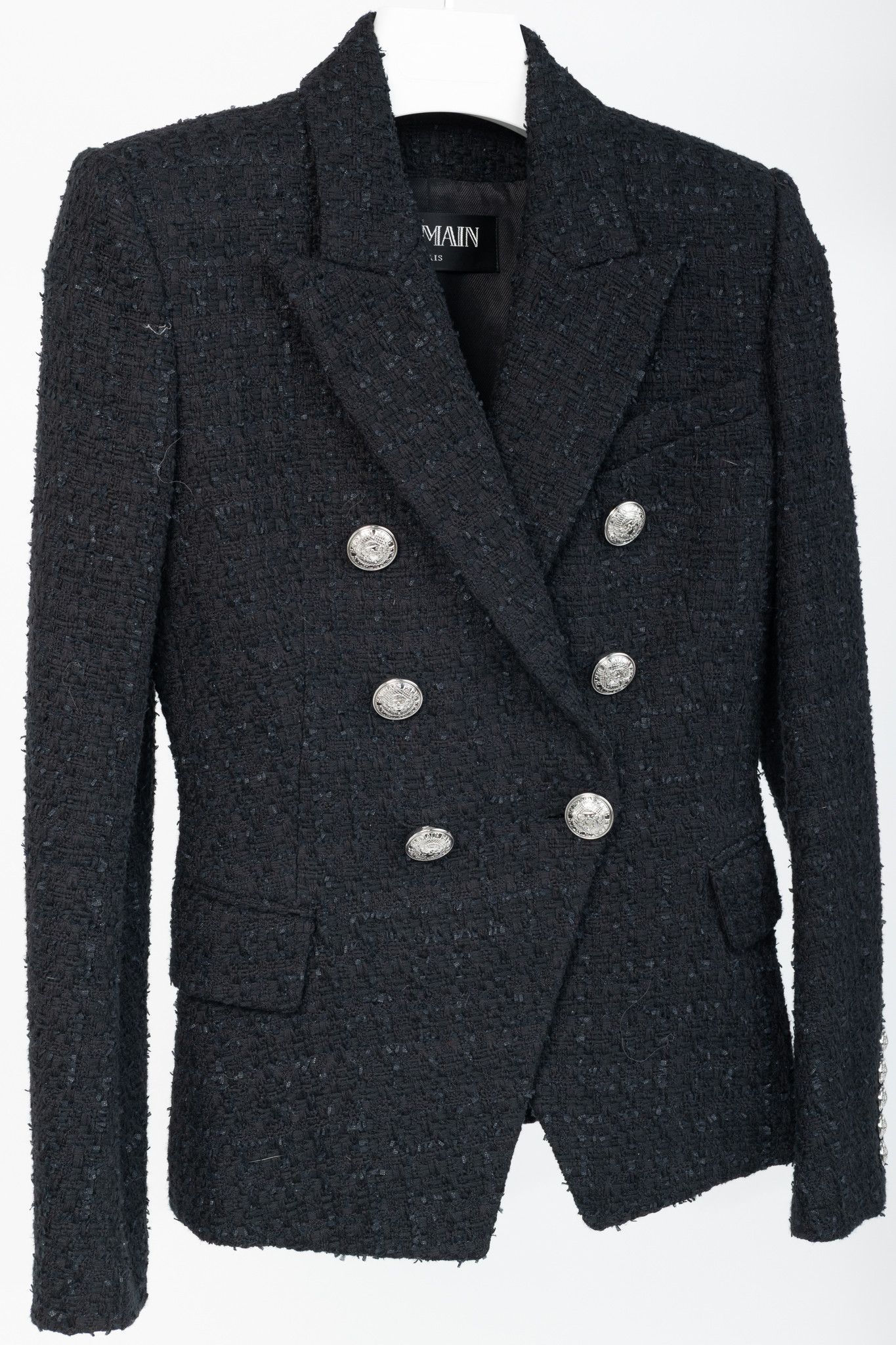 Balmain Balmain SS/19 Black Cotton Tweed Double-Breasted Blazer Size XS / US 0-2 / IT 36-38 - 3 Thumbnail