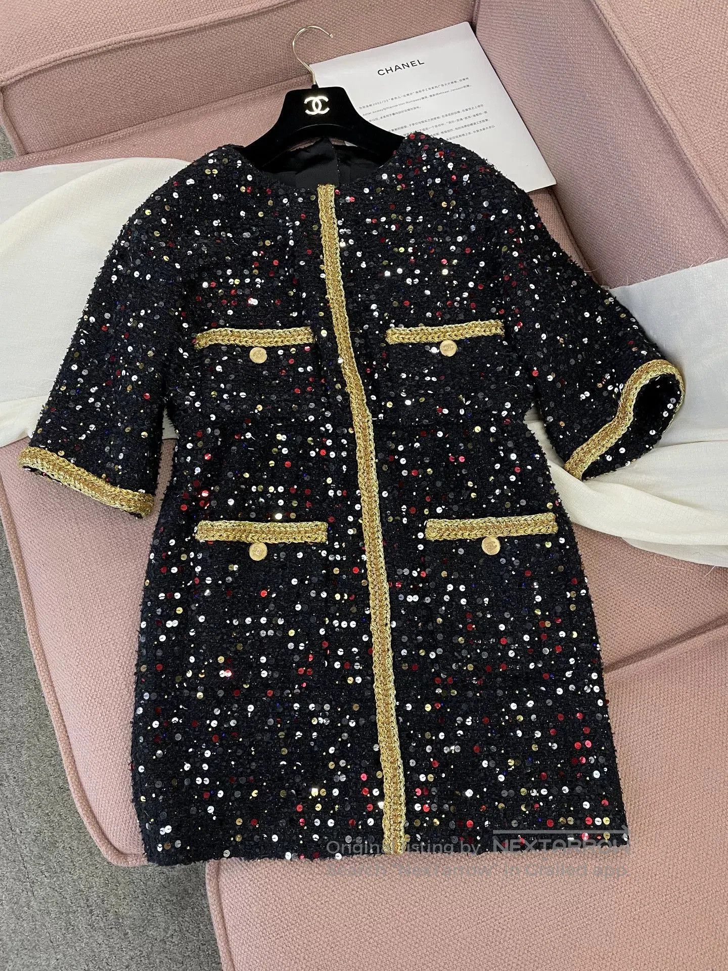 slim fit dress slacks NWT Chanel 19A 2019 Fall Paris Egypt Runway Black Gold Trim Dress FR 3 –  HelensChanel