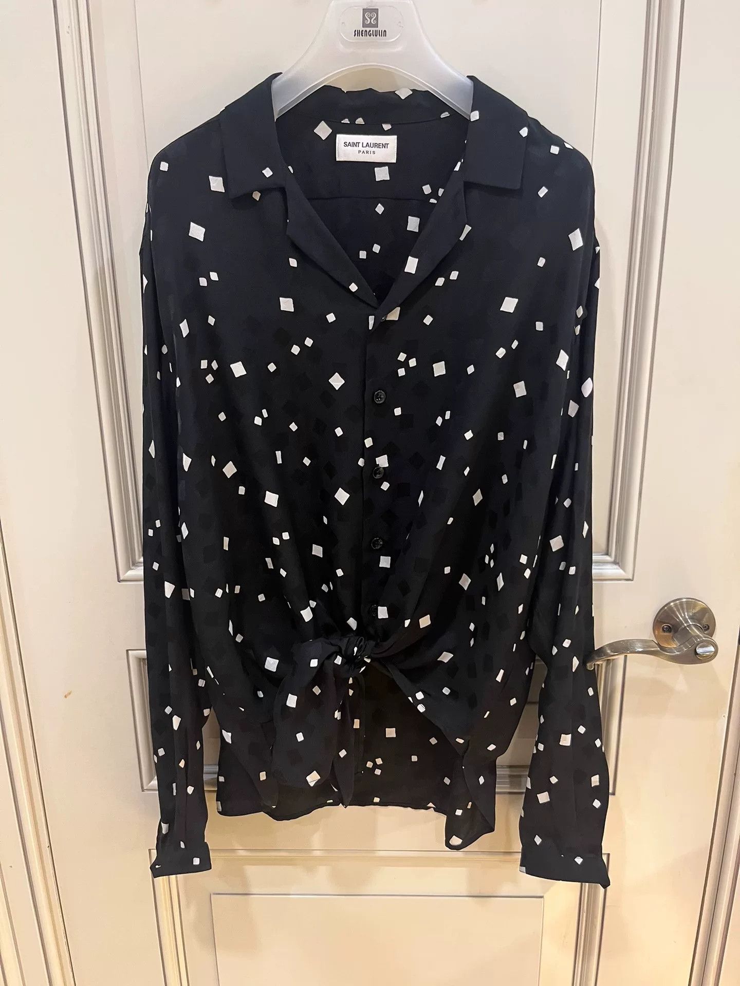 Saint Laurent Paris Saint Laurent Black Silk Square Pattern Shirt Size US M / EU 48-50 / 2 - 1 Thumbnail